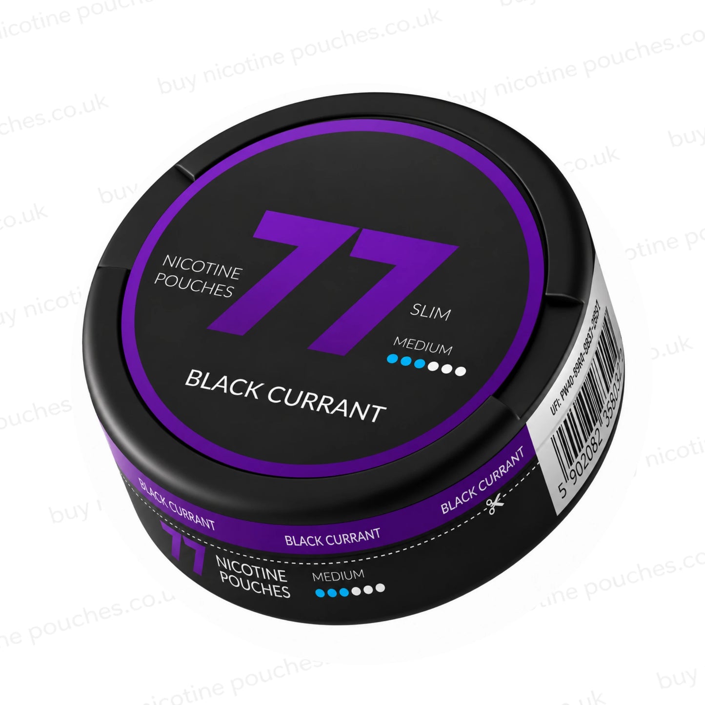 Angled shot of a black nicotine pouch container with purple 77 Black Currant branding on a white background.