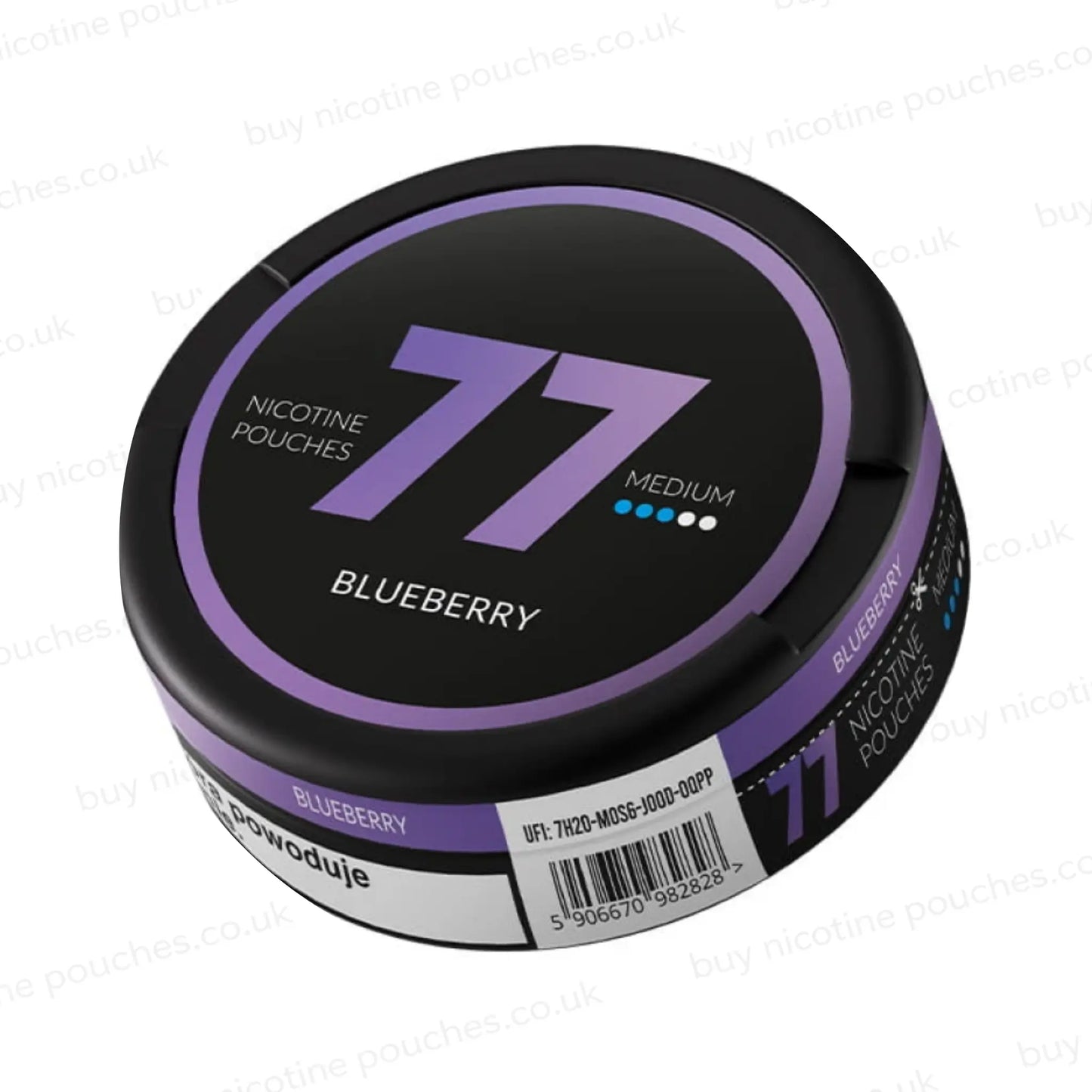 Angled shot of a circular nicotine pouch tub with black and purple 77 Blueberry branding on a white background.