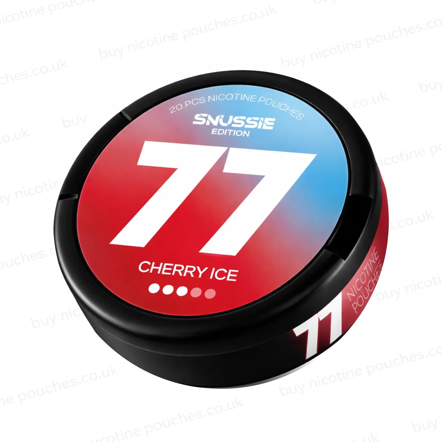 Tilted shot of a circular nicotine pouch tub with red and blue 77 Cherry Ice branding on a white background.