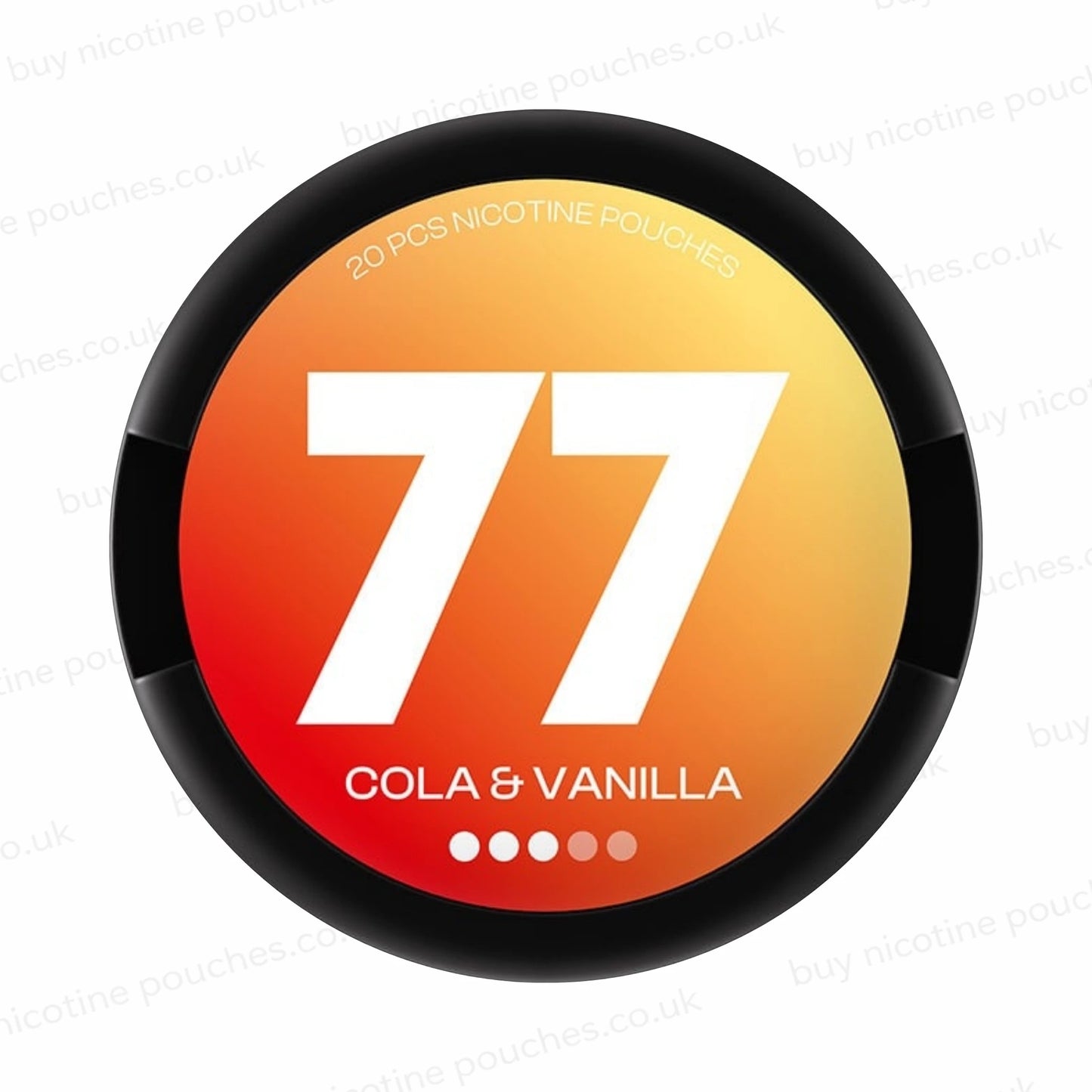 Nicotine pouch tub with orange and white '77 COLA & VANILLA' branding on a white background.