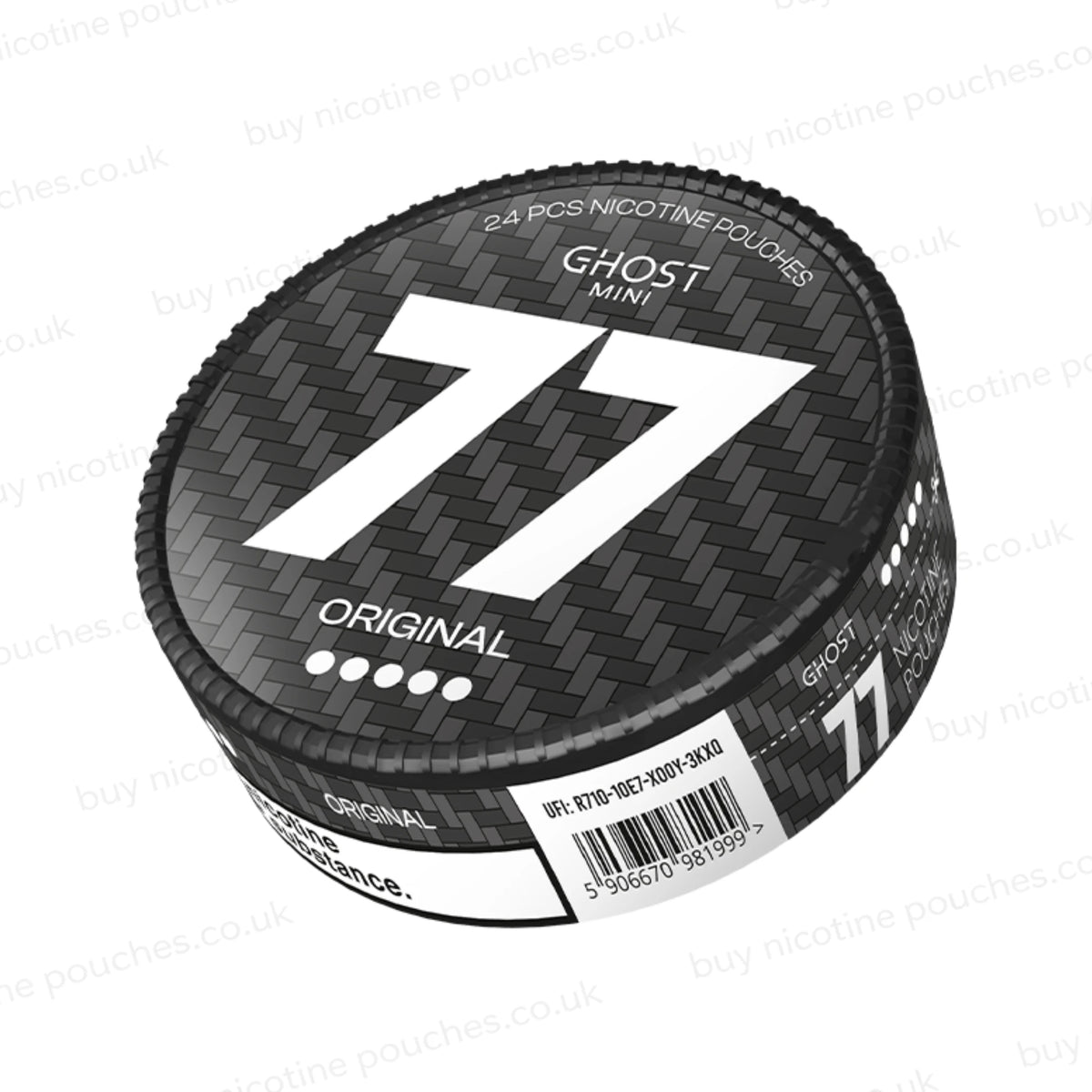 Angled shot of a nicotine pouch container with grey 77 Ghost Mini Original branding on a white background.