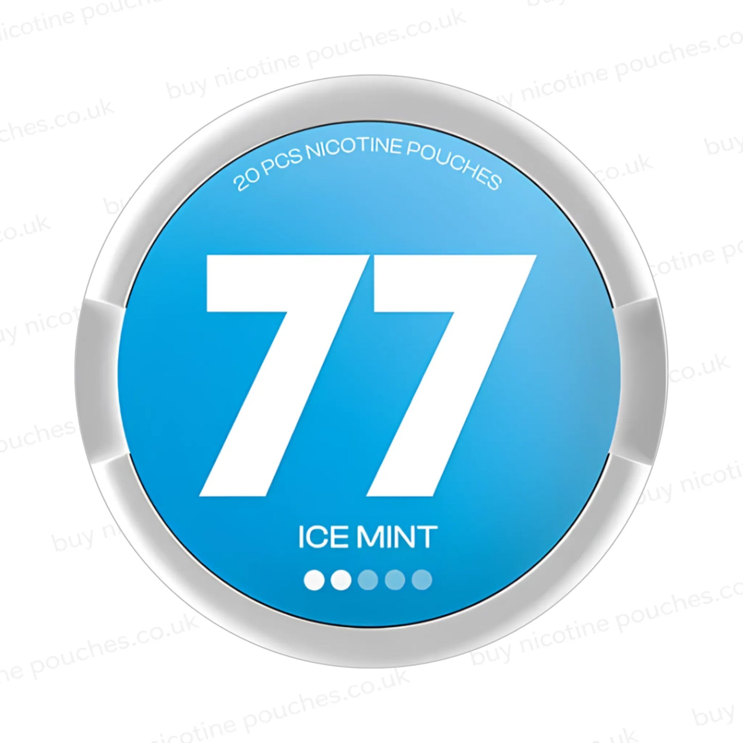White nicotine pouch container with blue 77 Ice Mint 2 dot branding on a white background.