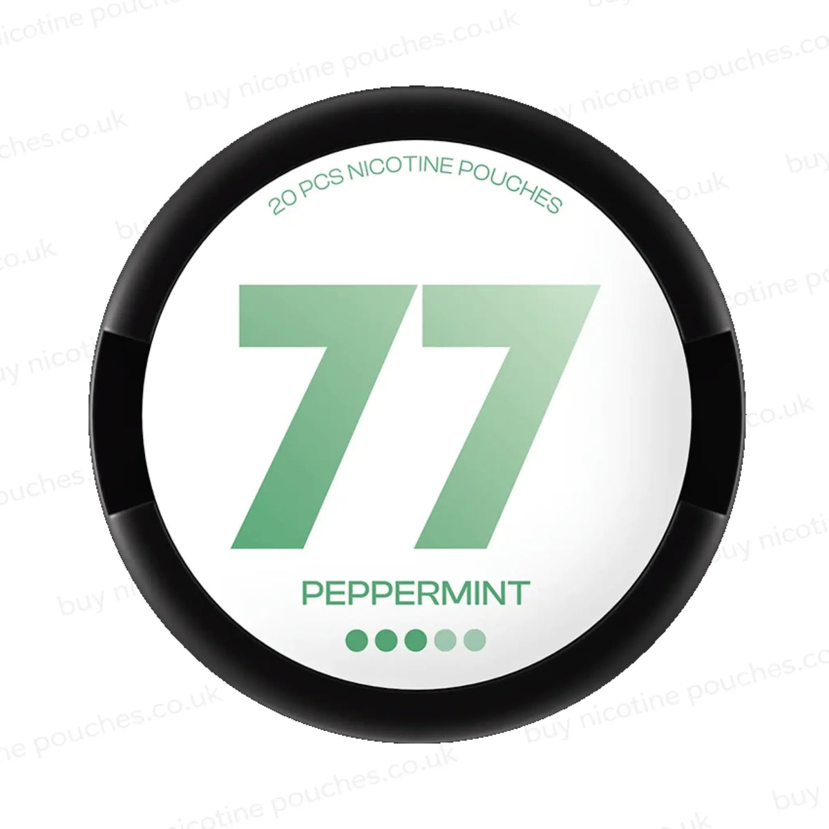 Nicotine pouch tub with white and green 77 Peppermint branding on a white background.