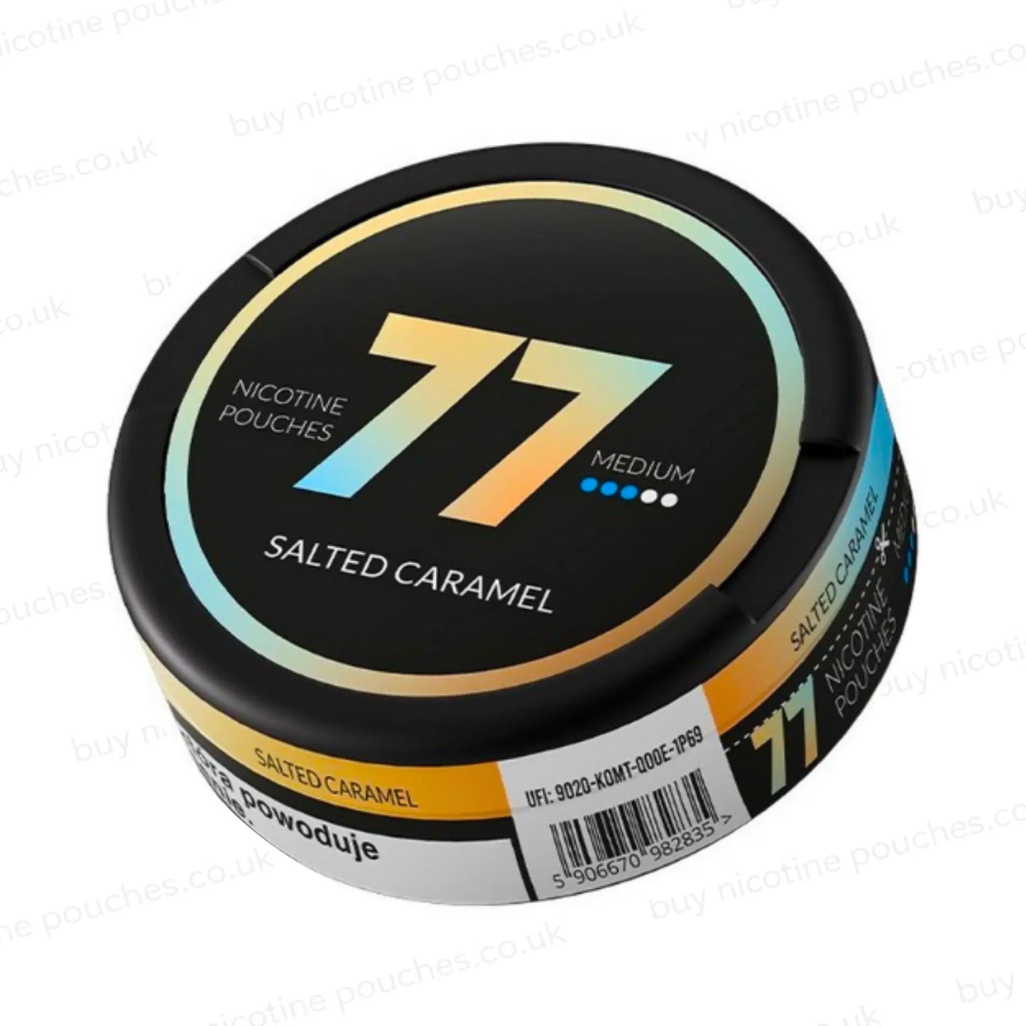 Tilted shot of a circular nicotine pouch tub with orange and light blue 77 Salted Caramel branding on a white background.