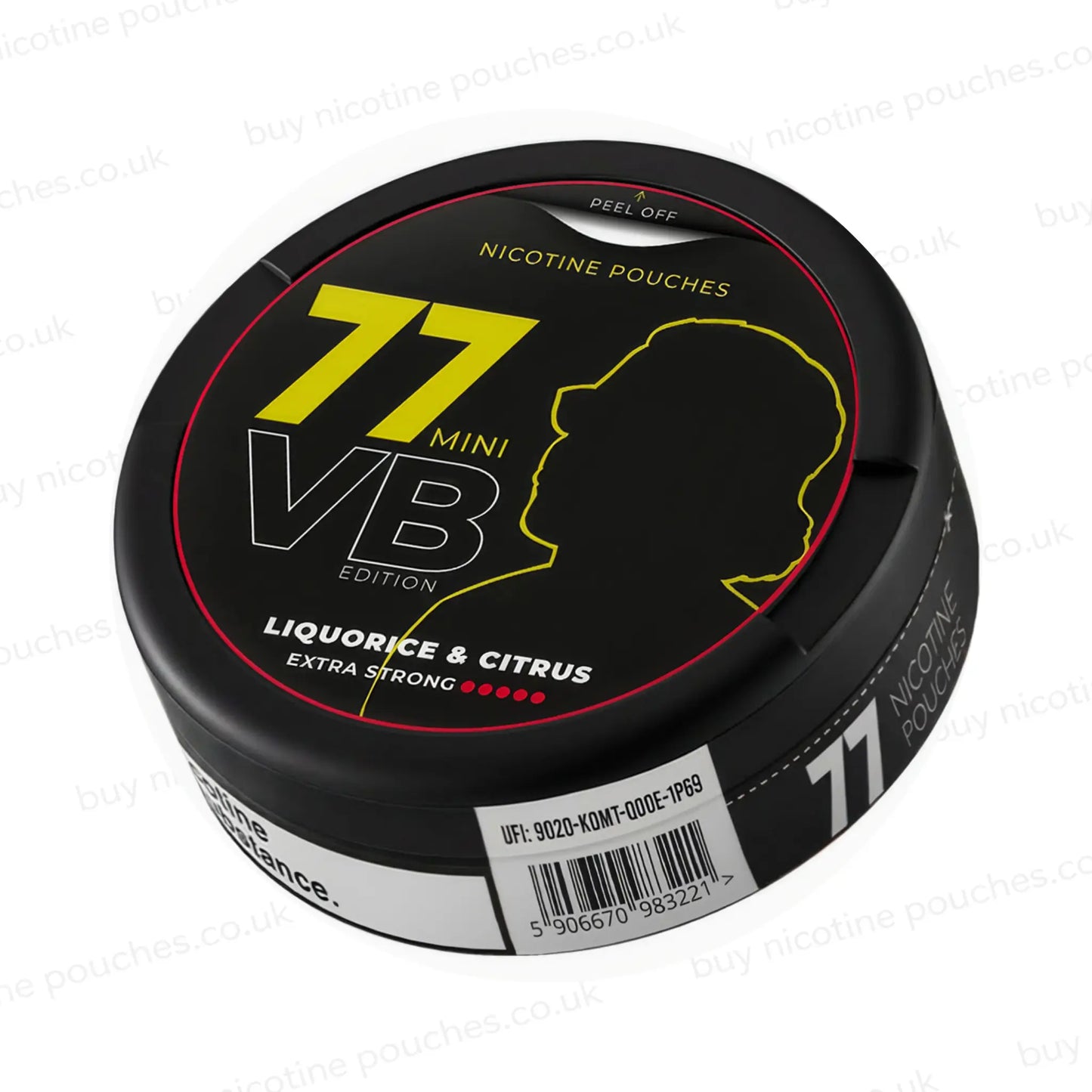 Angled shot of a circular nicotine pouch tub with black, yellow and red 77 VB Liquorice & Citrus branding on a white background.