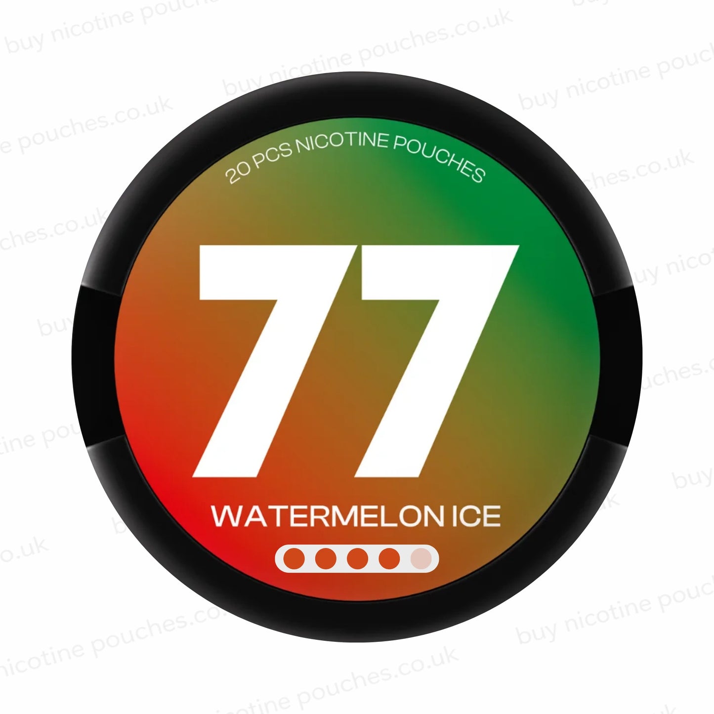 Nicotine pouch tub with '77 Watermelon Ice' branding on a white background.