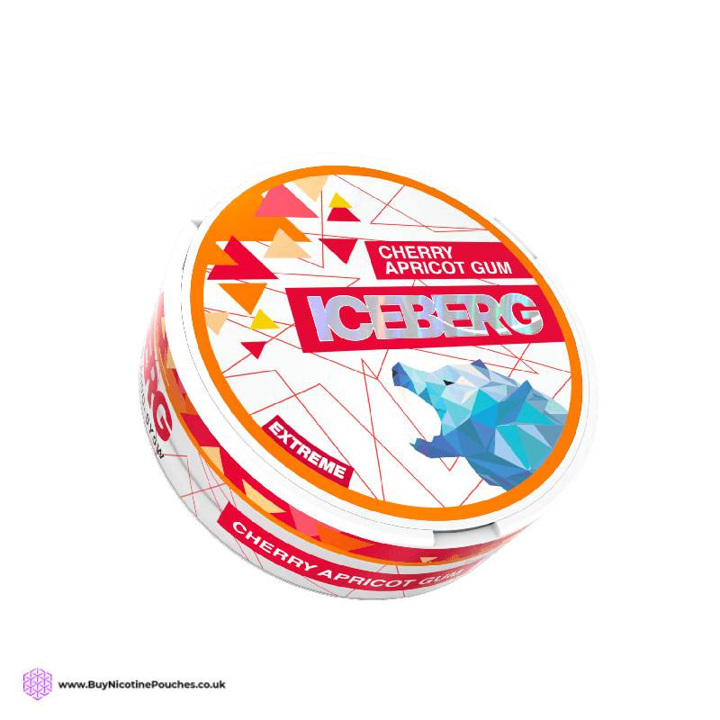 A can of Iceberg Cherry Apricot Gum Extreme Nicotine Pouches with a colorful label featuring geometric shapes and the flavor name.