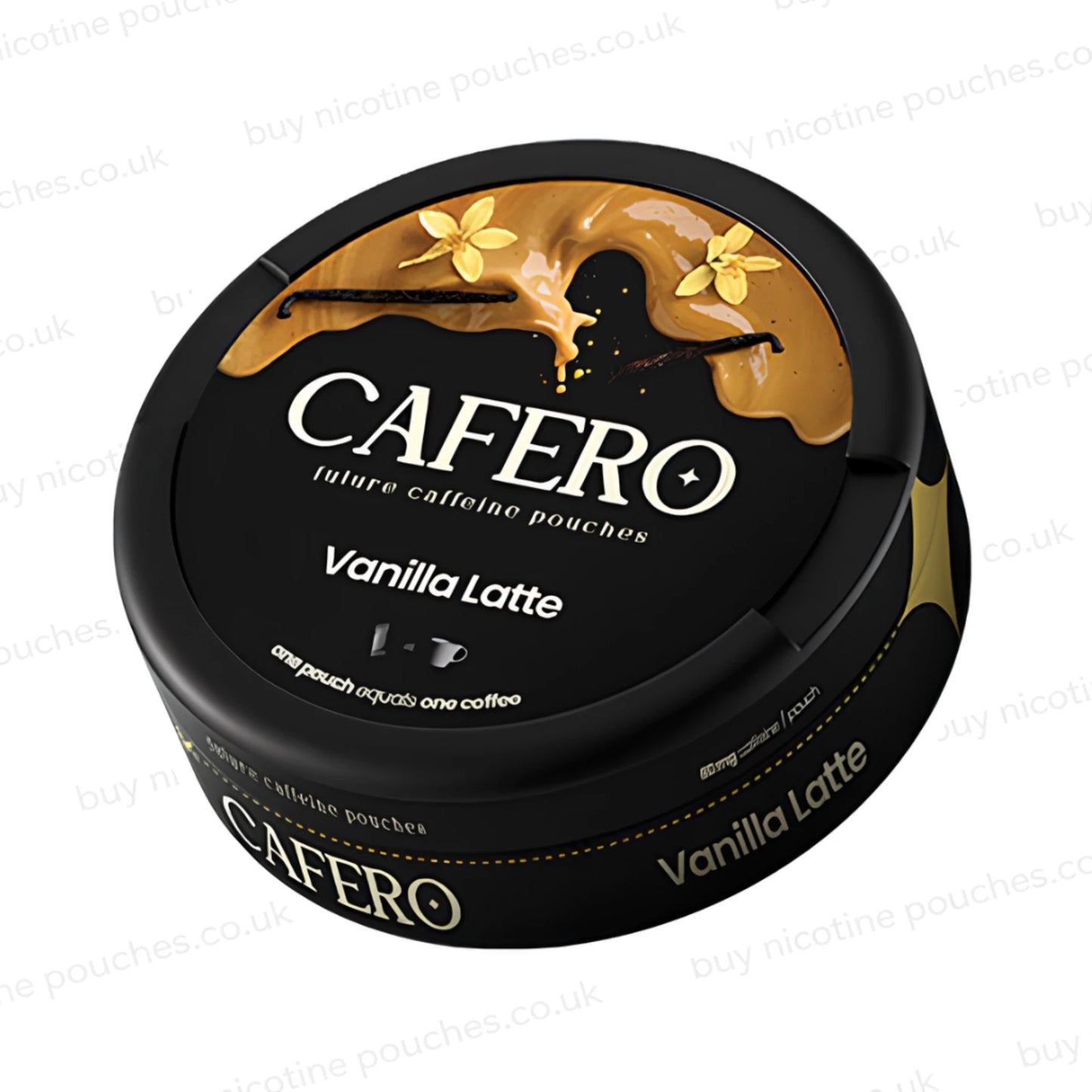 Angled shot of a black circular container with Cafero Vanilla Latte branding on a white background.