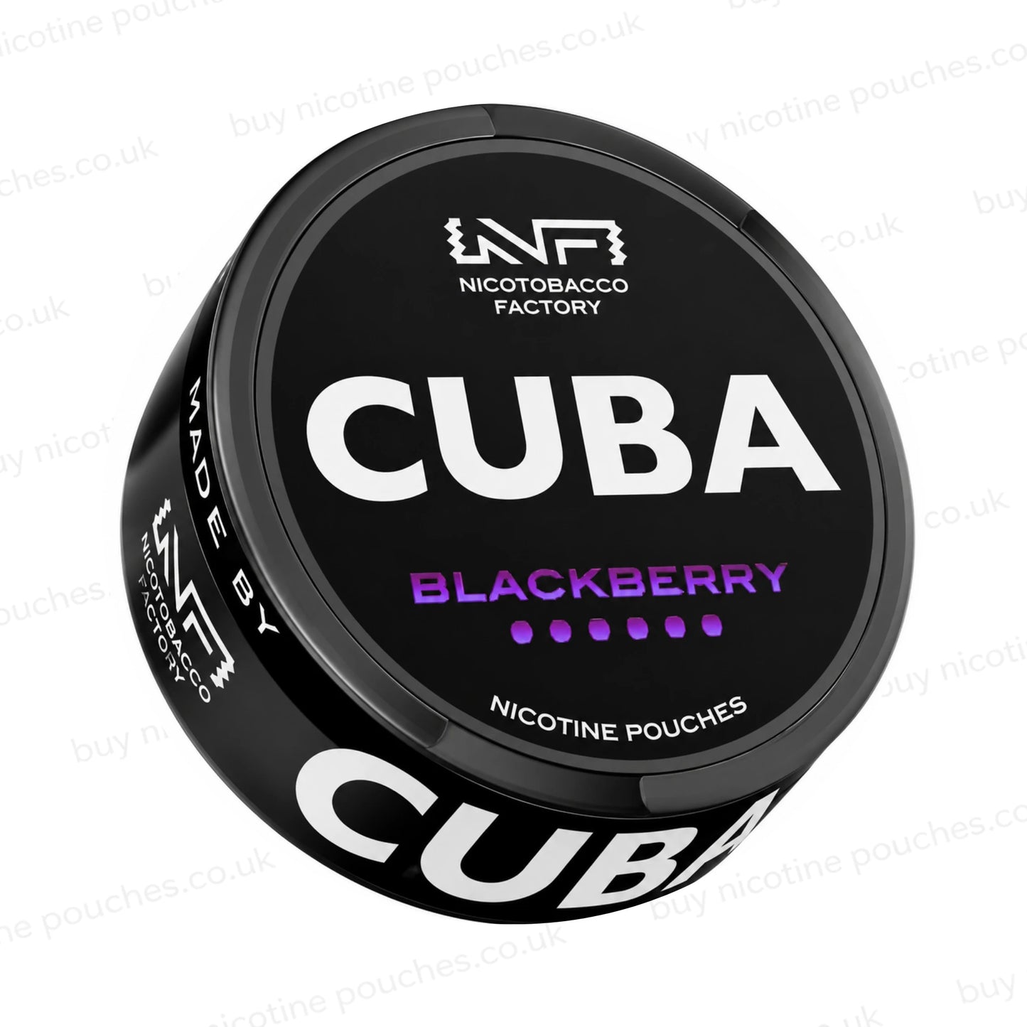 Angled shot of a black nicotine pouch container with CUBA Blackberry branding on a white background.