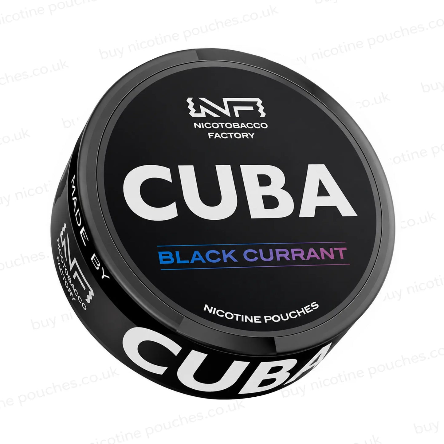 Angled shot of a black nicotine pouch container with CUBA Black Currant branding on a white background.