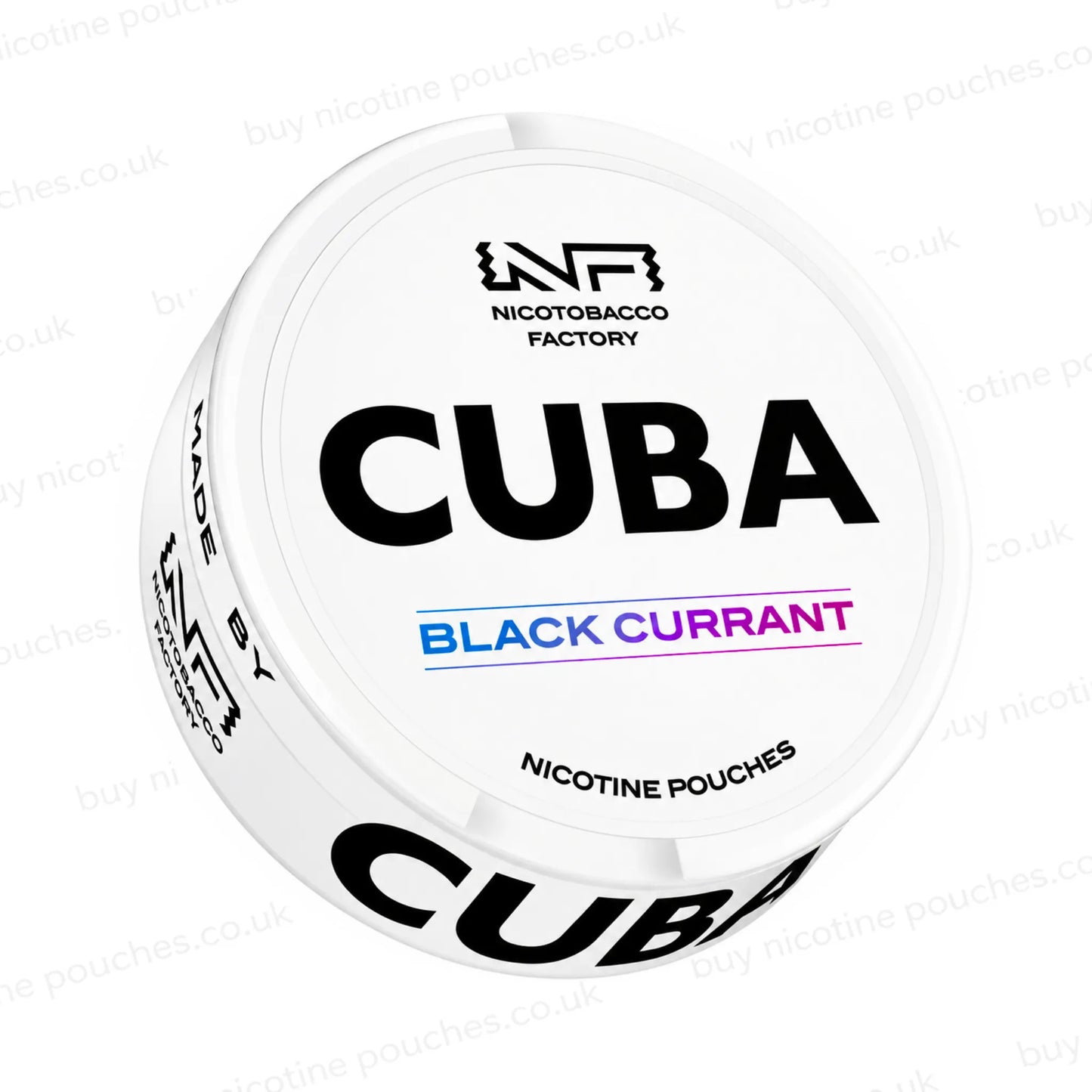 Angled shot of a white nicotine pouch container with CUBA Black Currant branding on a white background.
