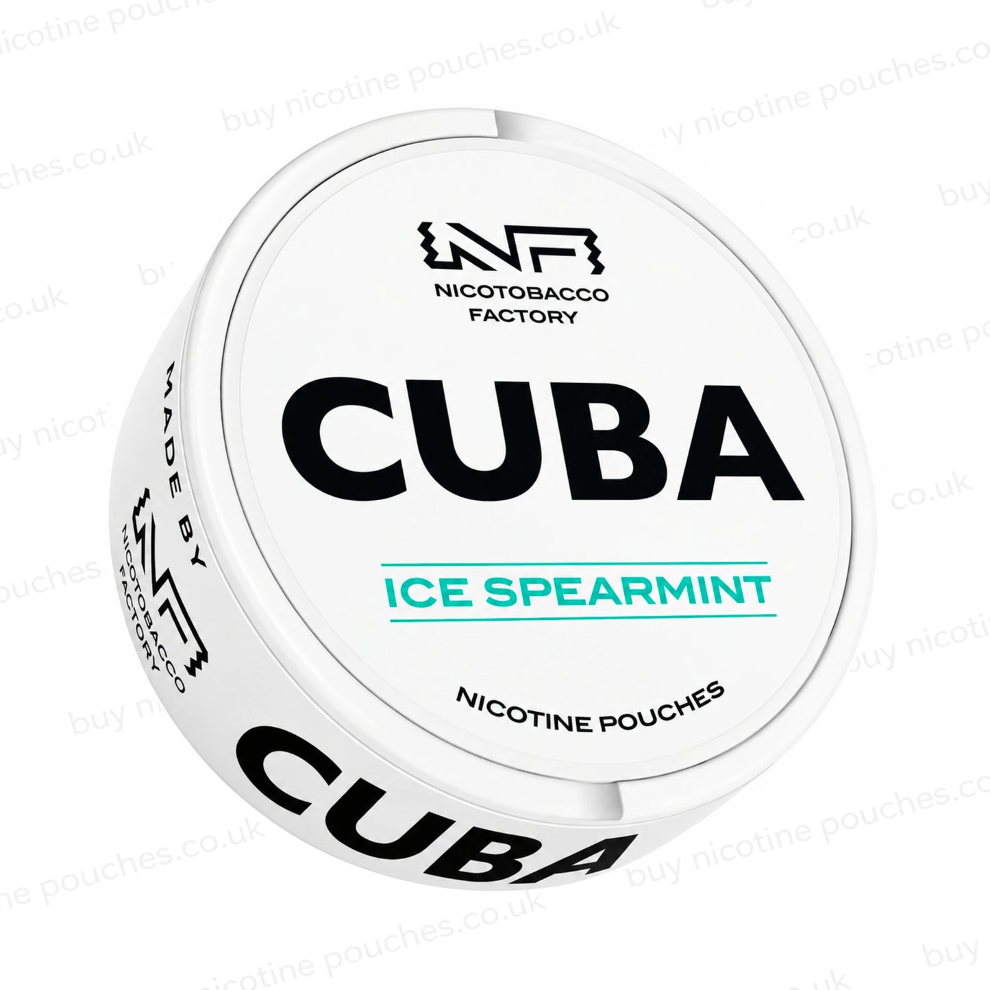 Angled shot of a white nicotine pouch container with CUBA Ice Spearmint branding on a white background.