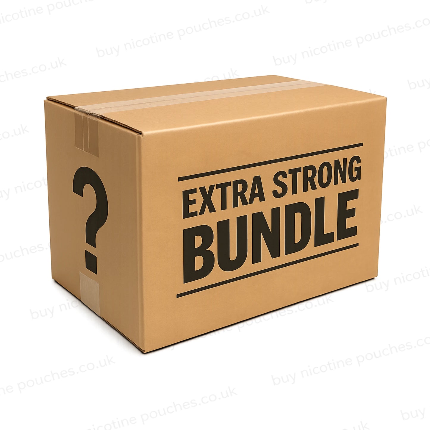 Brown cardboard box with a question mark and 'extra strong bundle' text on a white background.