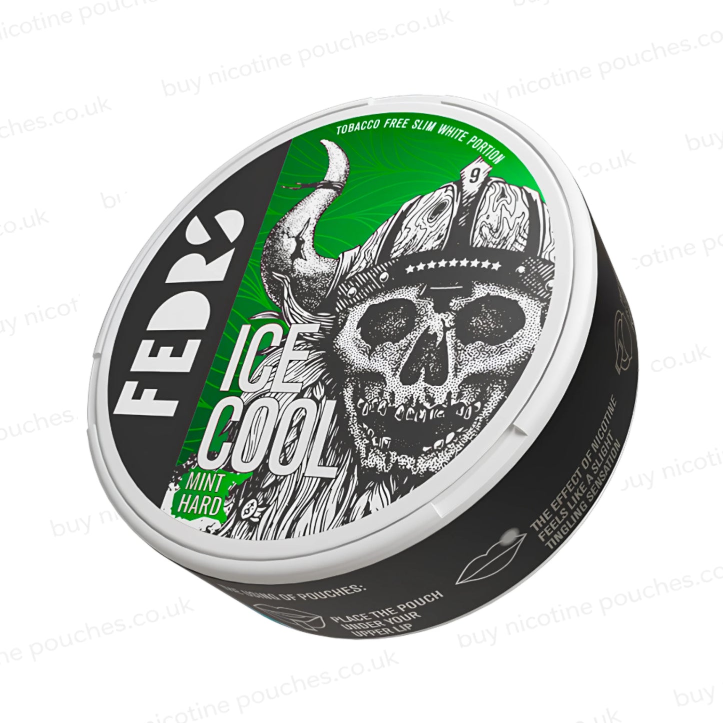 Angled shot of a white nicotine pouch container with green and black Fedrs Ice Cool Mint Hard skull branding on a white background.
