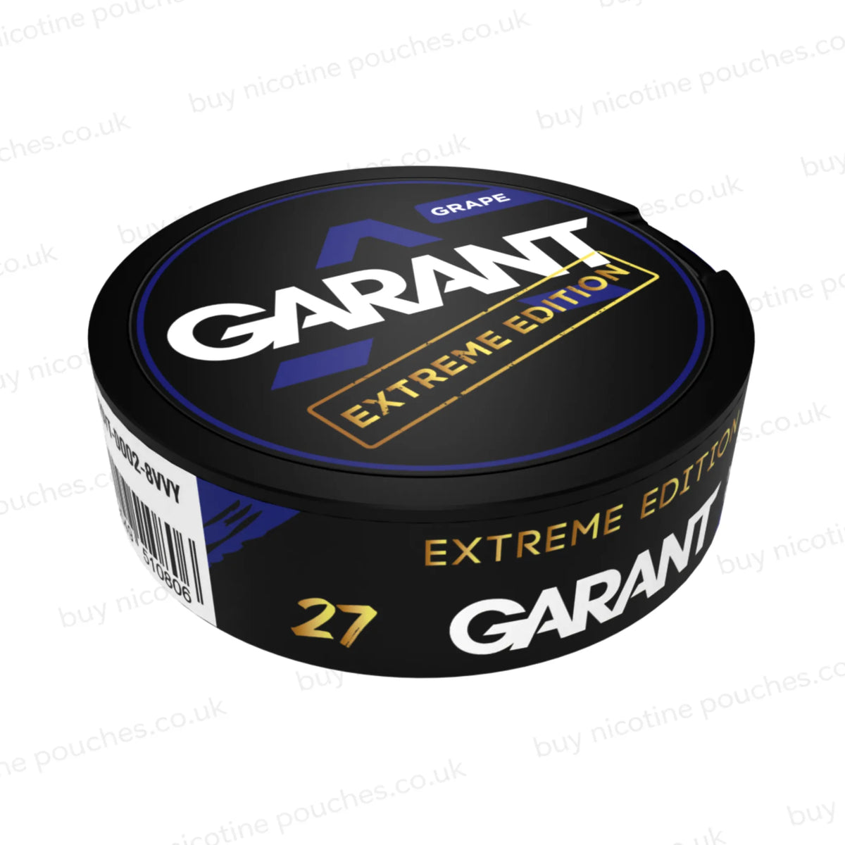Angled shot of a black nicotine pouch container with purple, white and gold 'GARANT EXTREME EDITION GRAPE' branding on a white background.