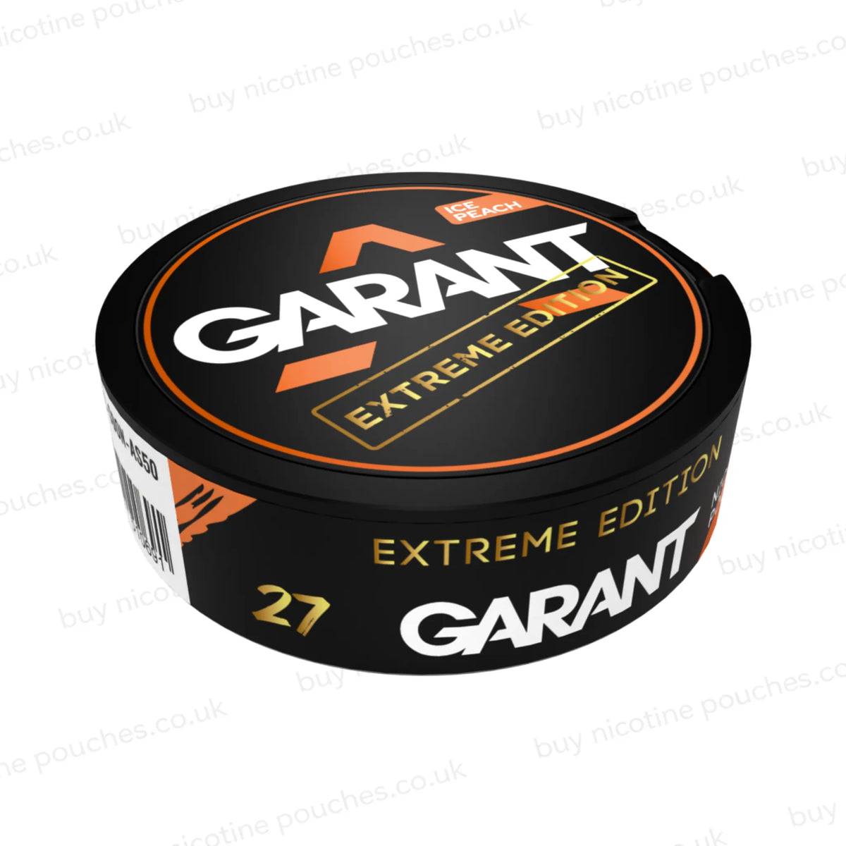 Angled shot of a black nicotine pouch container with peach, white and gold 'GARANT EXTREME EDITION ICE PEACH' branding on a white background.