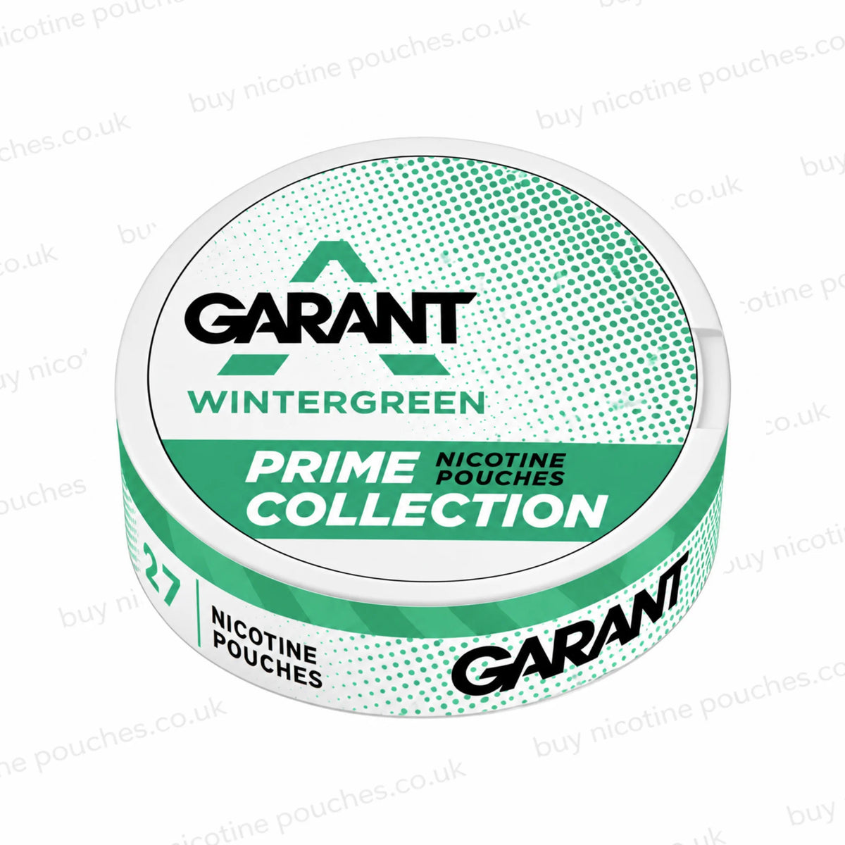 Angled shot of a white nicotine pouch can with green and black GARANT WINTERGREEN PRIME COLLECTION branding on a white, watermarked background.