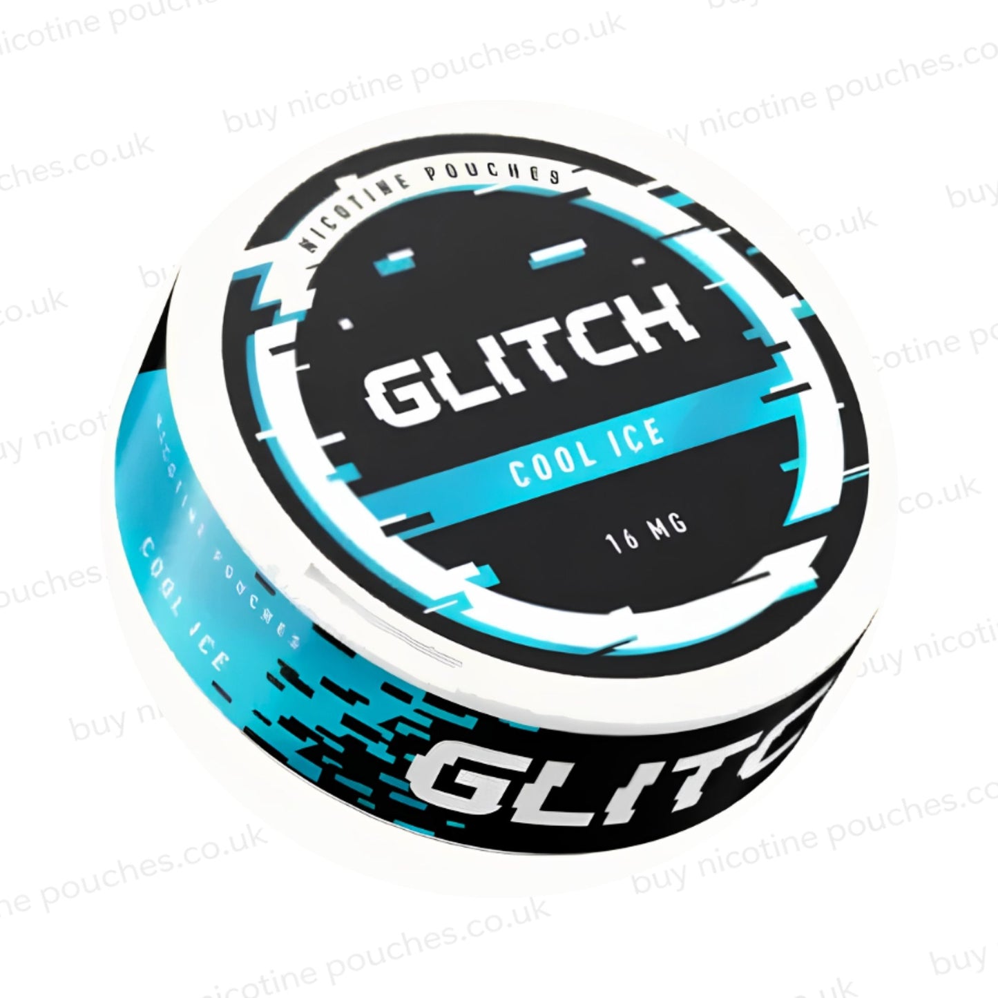 Angled shot of a nicotine pouch container with black, white and light-blue 'Glitch Cool Ice Nicotine Pouches' glitchy branding on a white background.