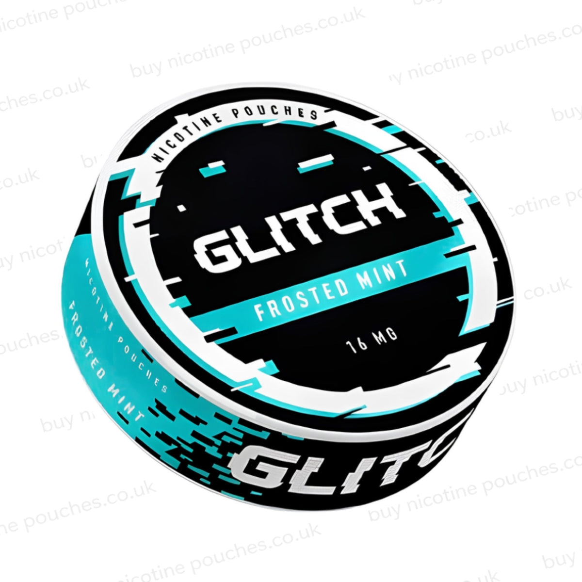 Angled shot of a nicotine pouch container with black, white and cyan 'Glitch Frosted Mint Nicotine Pouches' glitchy branding on a white background.