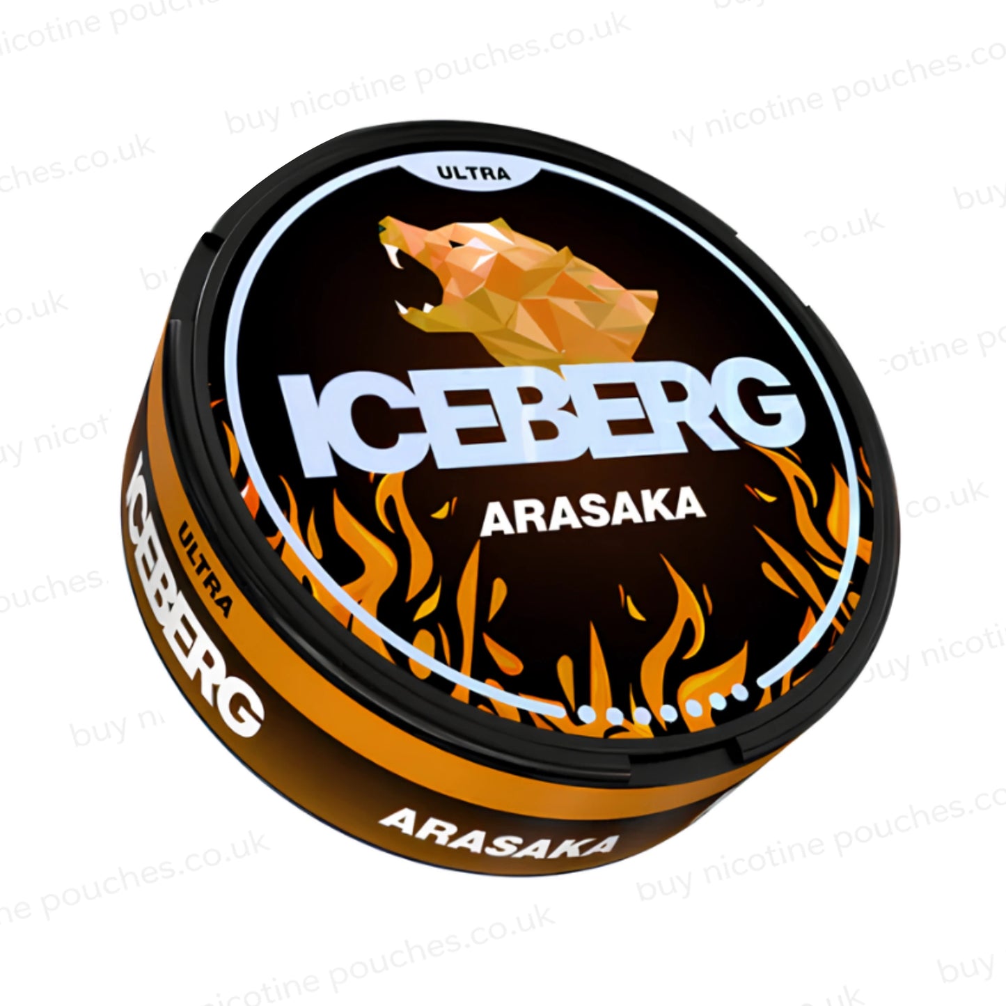 Angled shot of a nicotine pouch tub with orange and black 'Iceberg Arasaka Ultra' branding on a white background.