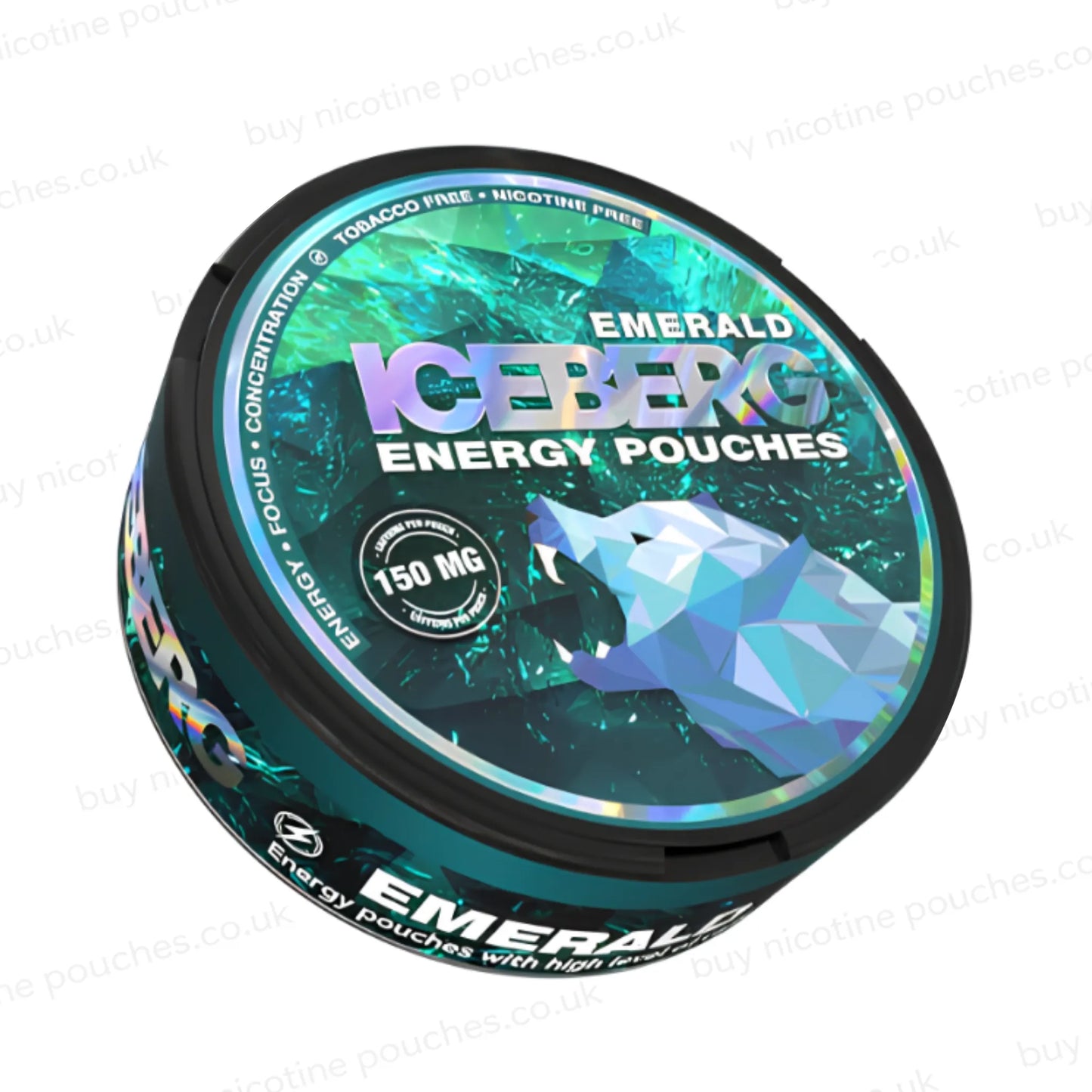Angled shot of a nicotine pouch container with green ICEBERG Energy geometric branding on a white background