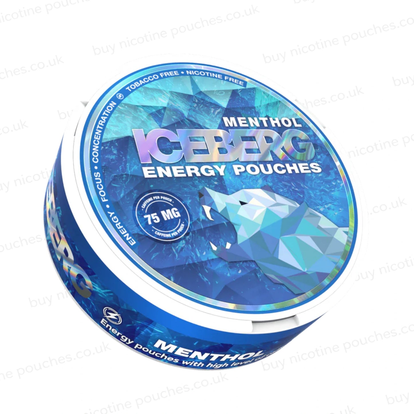 Circular packaging with a blue geometric bear logo and 'Iceberg Energy Menthol' text on a white background.