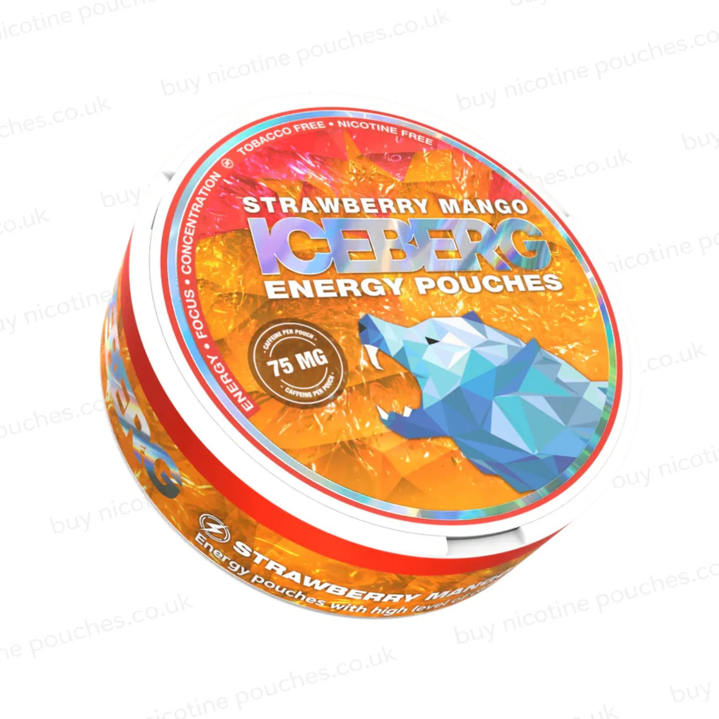 Circular tub with orange and red 'ICEBERG Strawberry Mango Energy Pouches' branding on a white background.