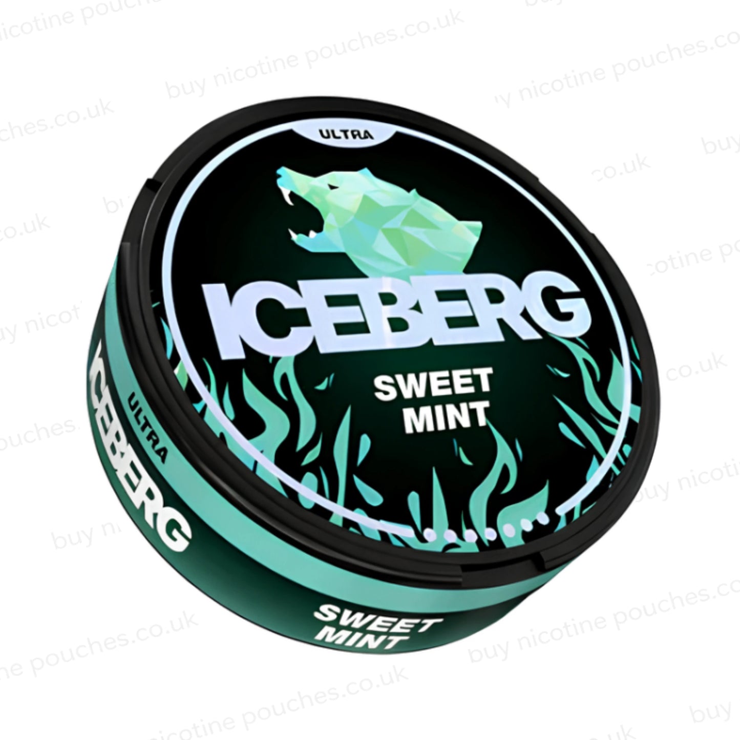 Angled shot of a nicotine pouch tub with black and green 'Iceberg Sweet Mint Ultra' branding on a white background.