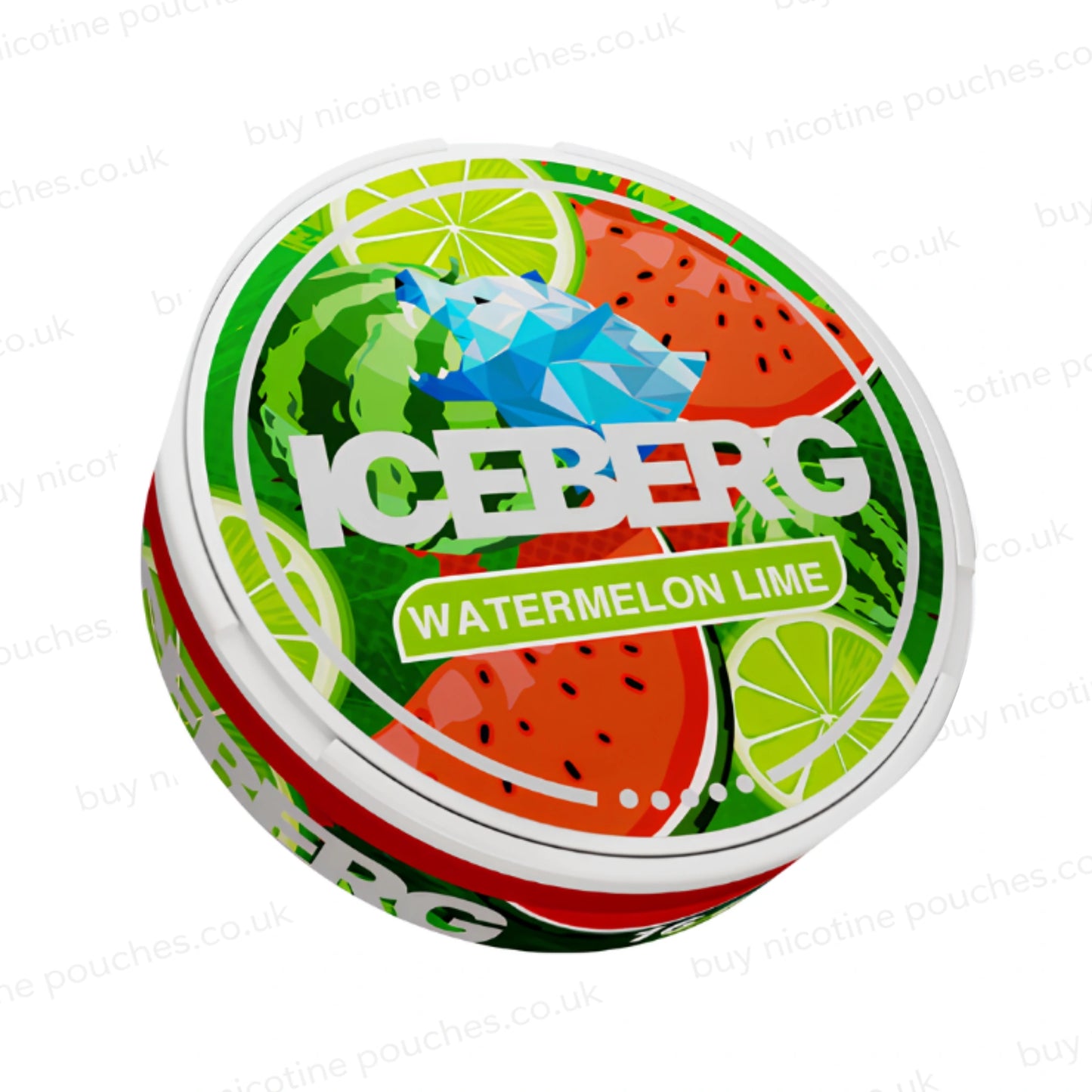 Nicotine pouch tub with red and green 'Iceberg Watermelon Lime' branding on a white background.