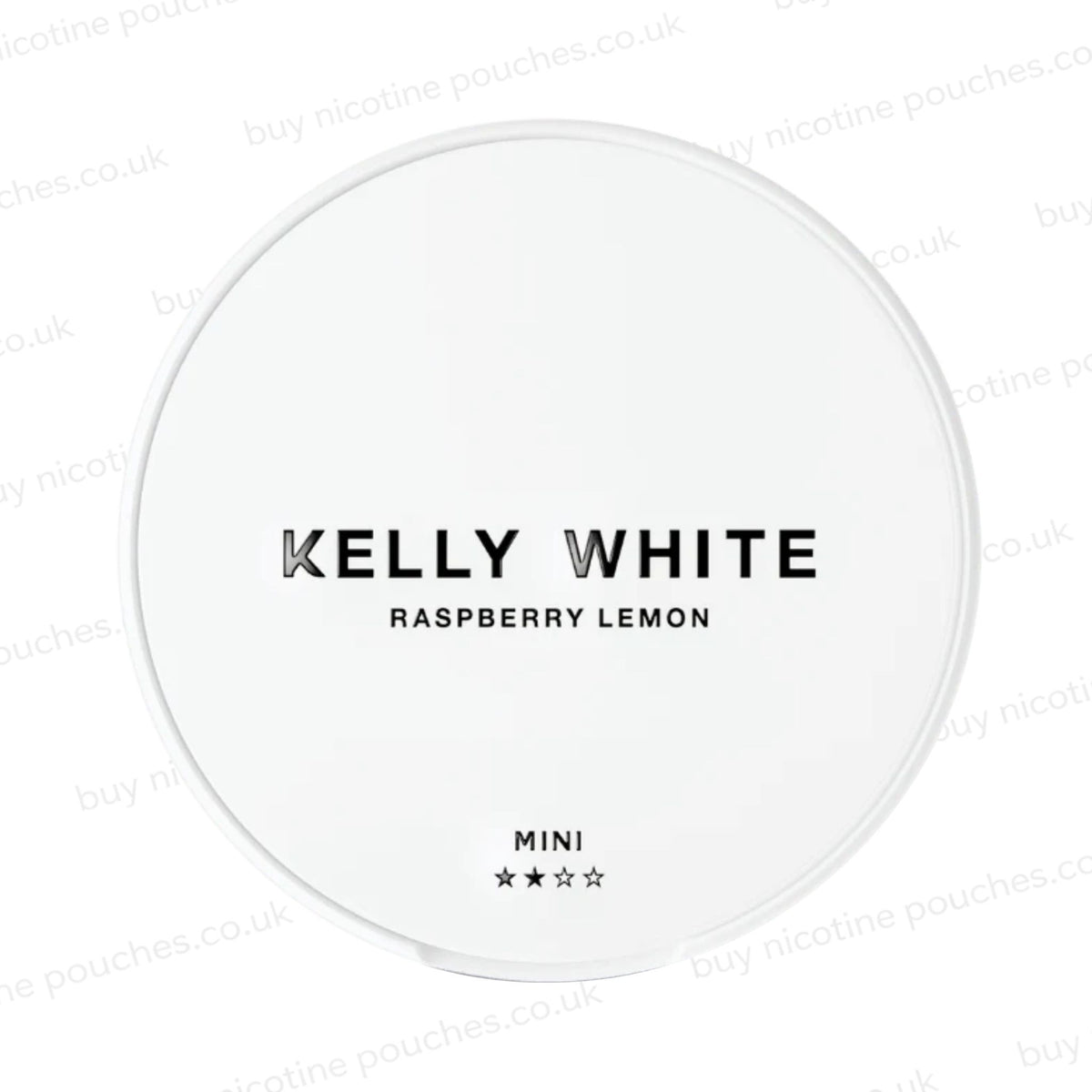 White nicotine pouch container with 'KELY WHITE RASPBERRY LEMON' 2-star branding on a white, watermarked background.