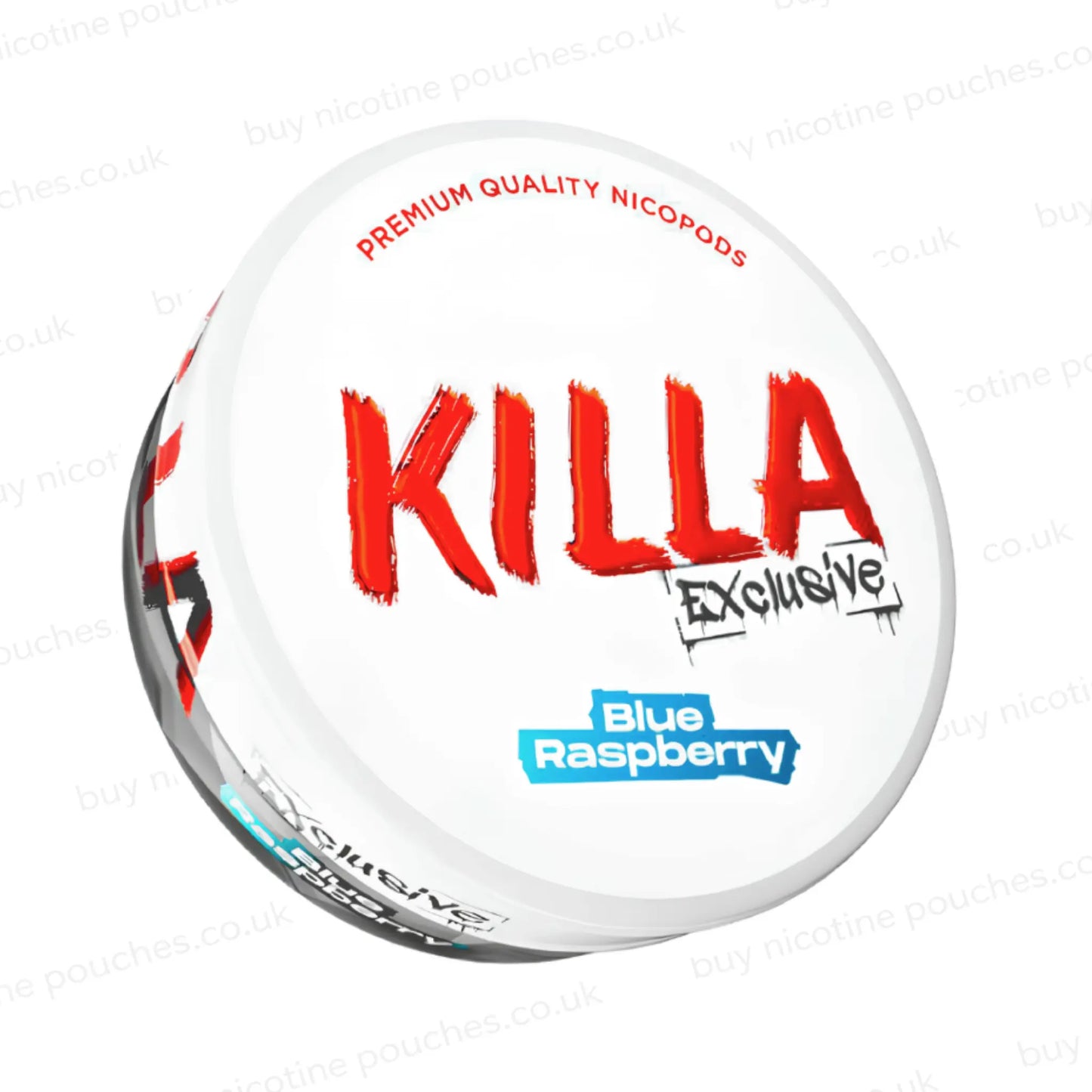 Angled shot of a nicotine pouch container with Killa Blue Raspberry branding on a white background.