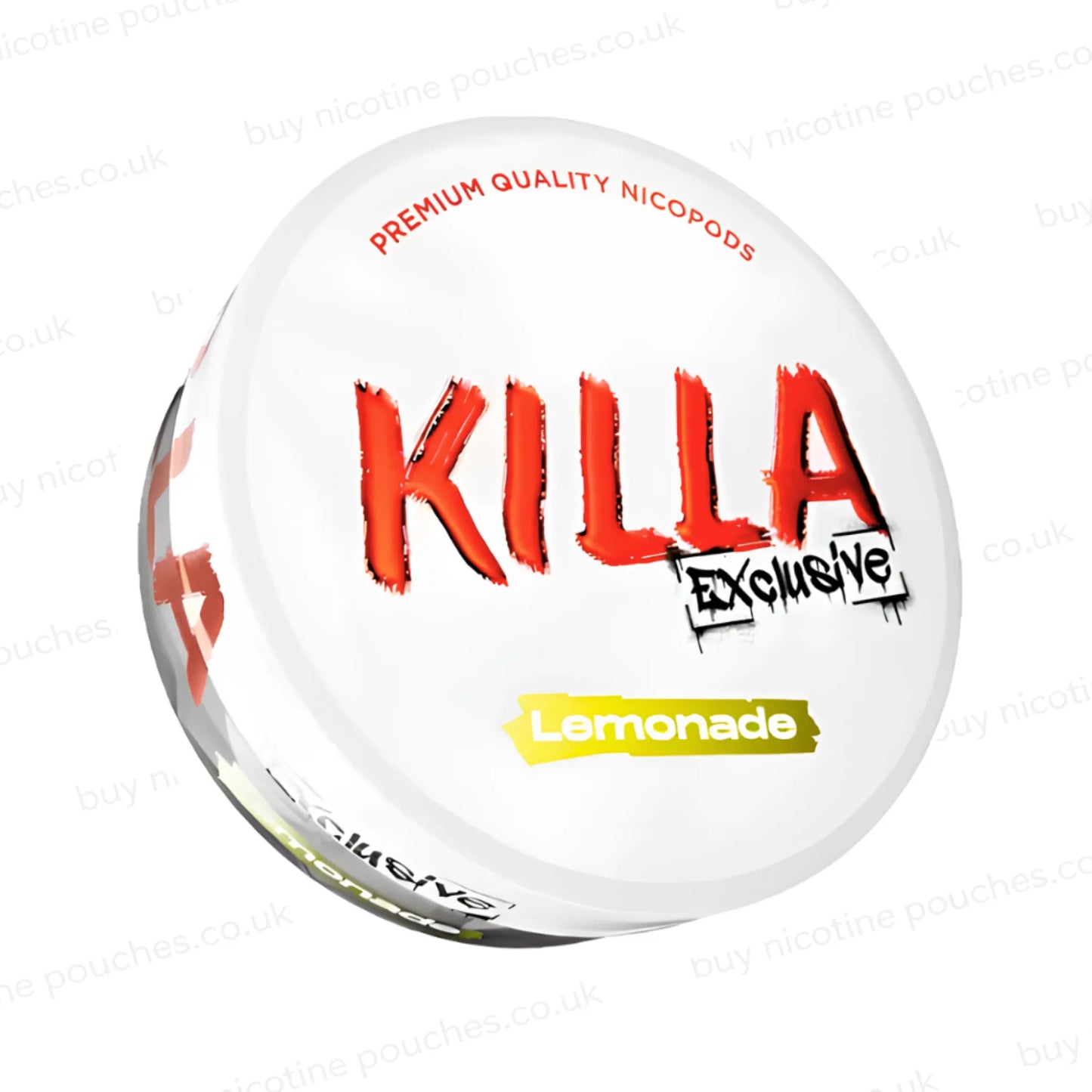 Angled shot of a nicotine pouch tub with 'KILLA Exclusive Lemonade' branding on a white background.