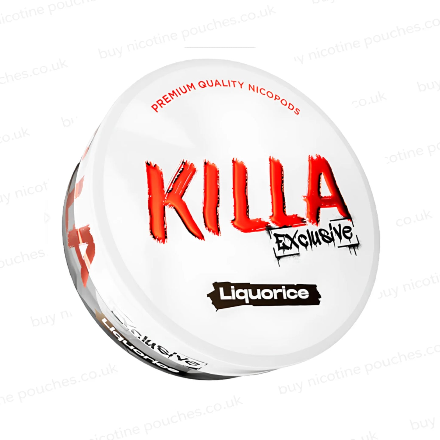 Angled shot of a nicotine pouch container with KILLA Exclusive Liquorice branding on a white background.
