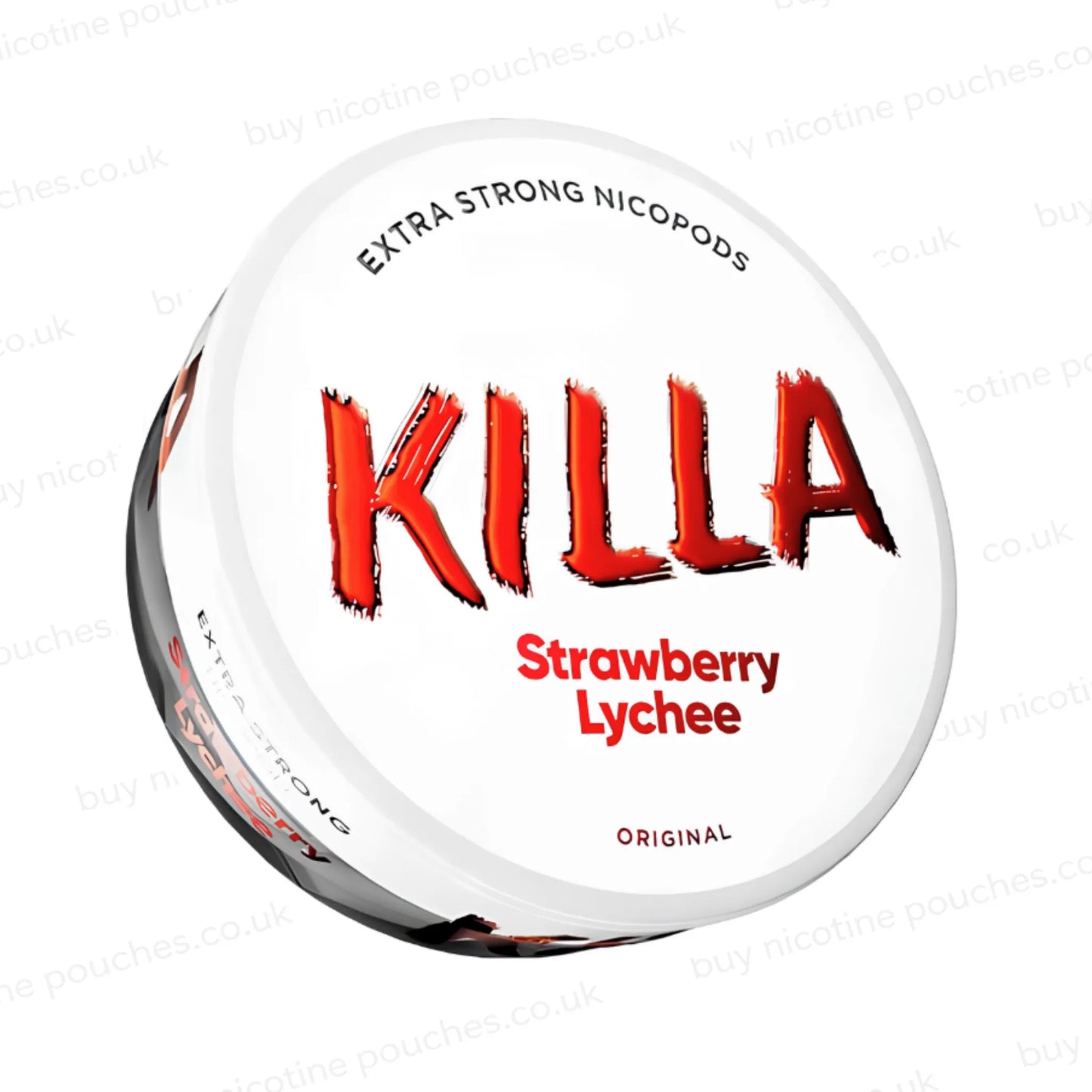 Angled shot of a nicotine pouch container with KILLA Strawberry Lychee branding on a white background.