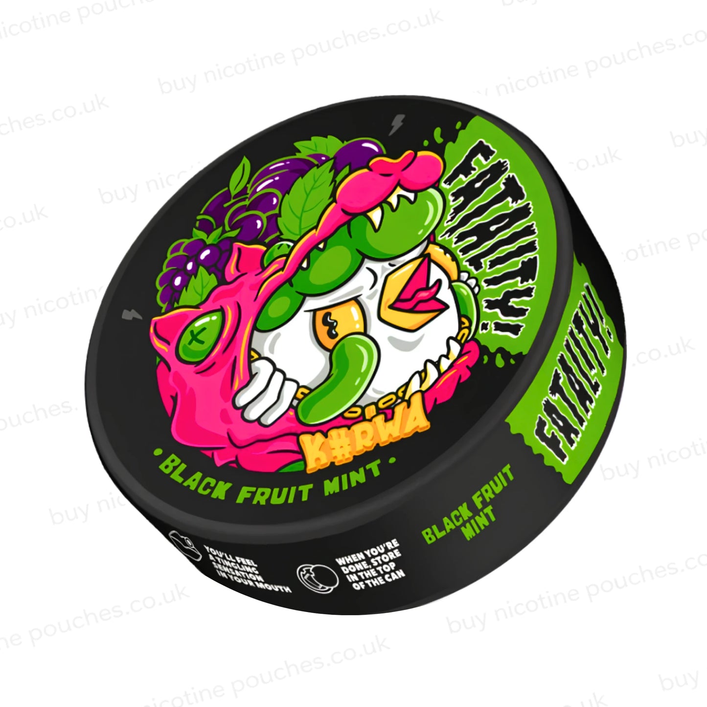 Angled shot of a black nicotine pouch container with Kurwa Black Fruit Mint cartoon branding on a white background,