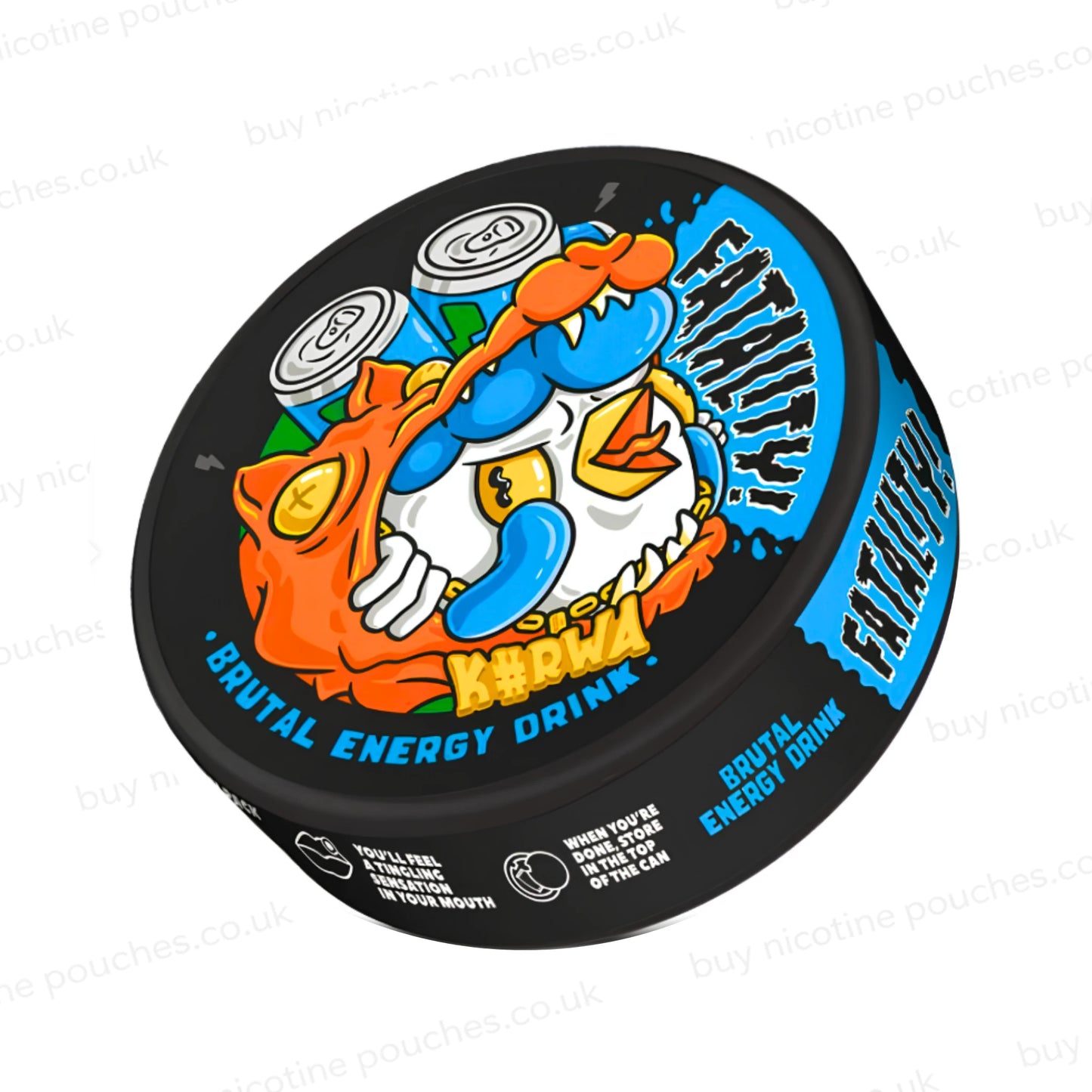 Angled shot of a black nicotine pouch container with Kurwa Brutal Energy Drink cartoon branding on a white background.