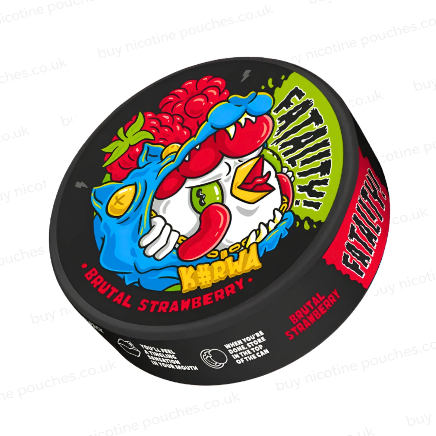 Angled shot of a black nicotine pouch container with cartoon Kurwa Brutal Strawberry branding on a white background.