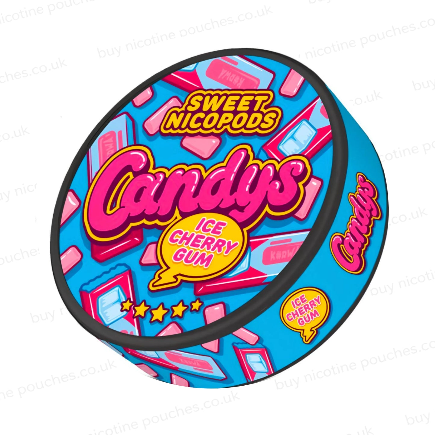 Angled shot of a nicotine pouch container with blue and pink Candys Ice Cherry Gum branding on a white background.
