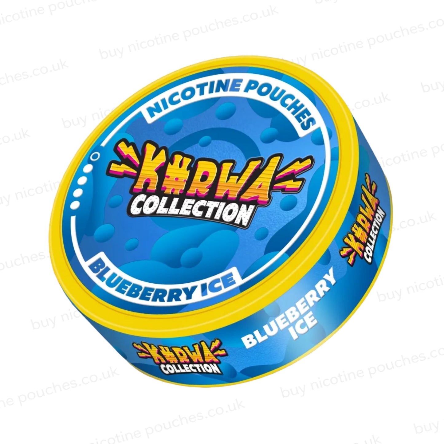 Angled shot of a nicotine pouch container with blue Kurwa Collection Blueberry Ice branding on a white background.