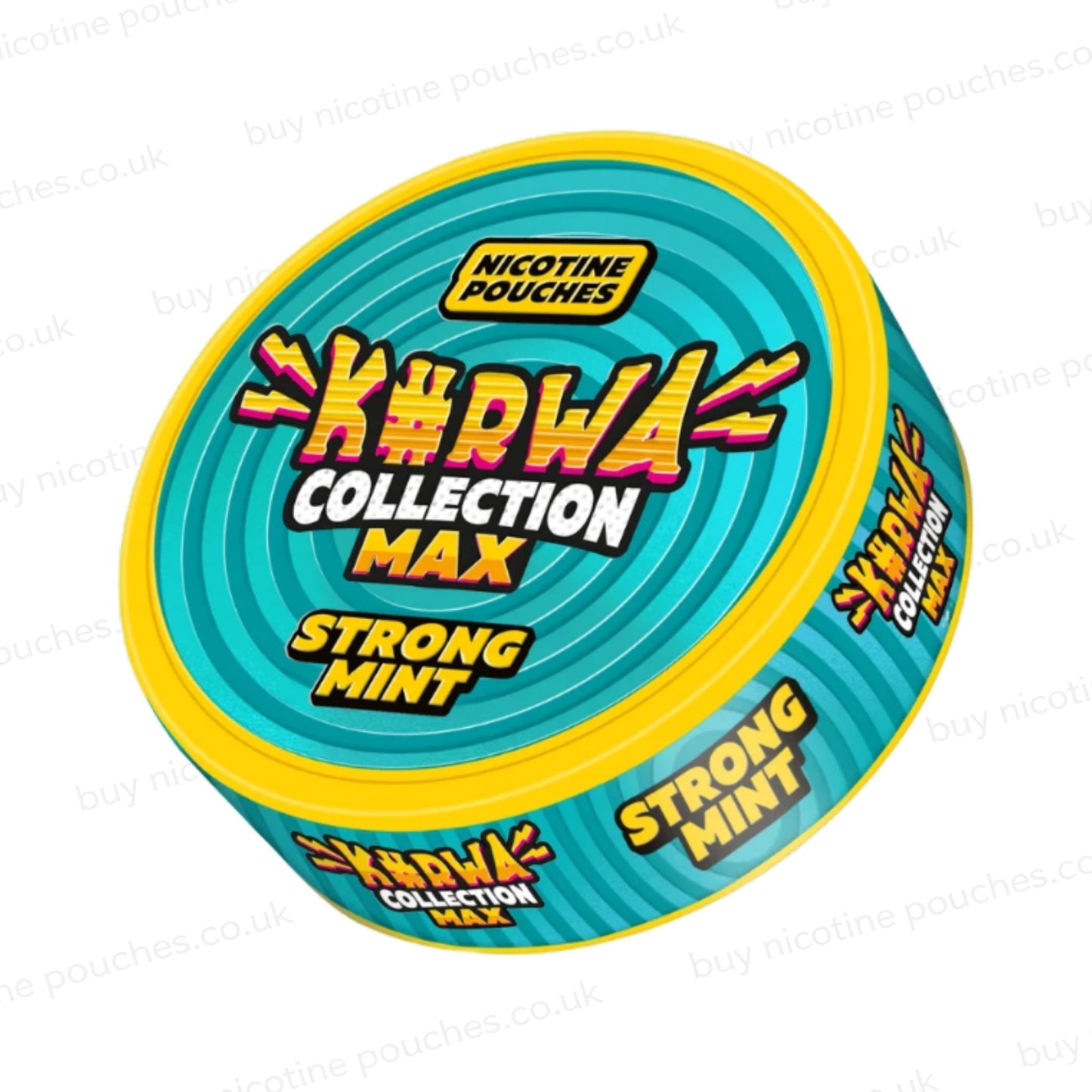 Angled shot of a nicotine pouch container with Kurwa Collection Max Strong Mint branding on a white background.