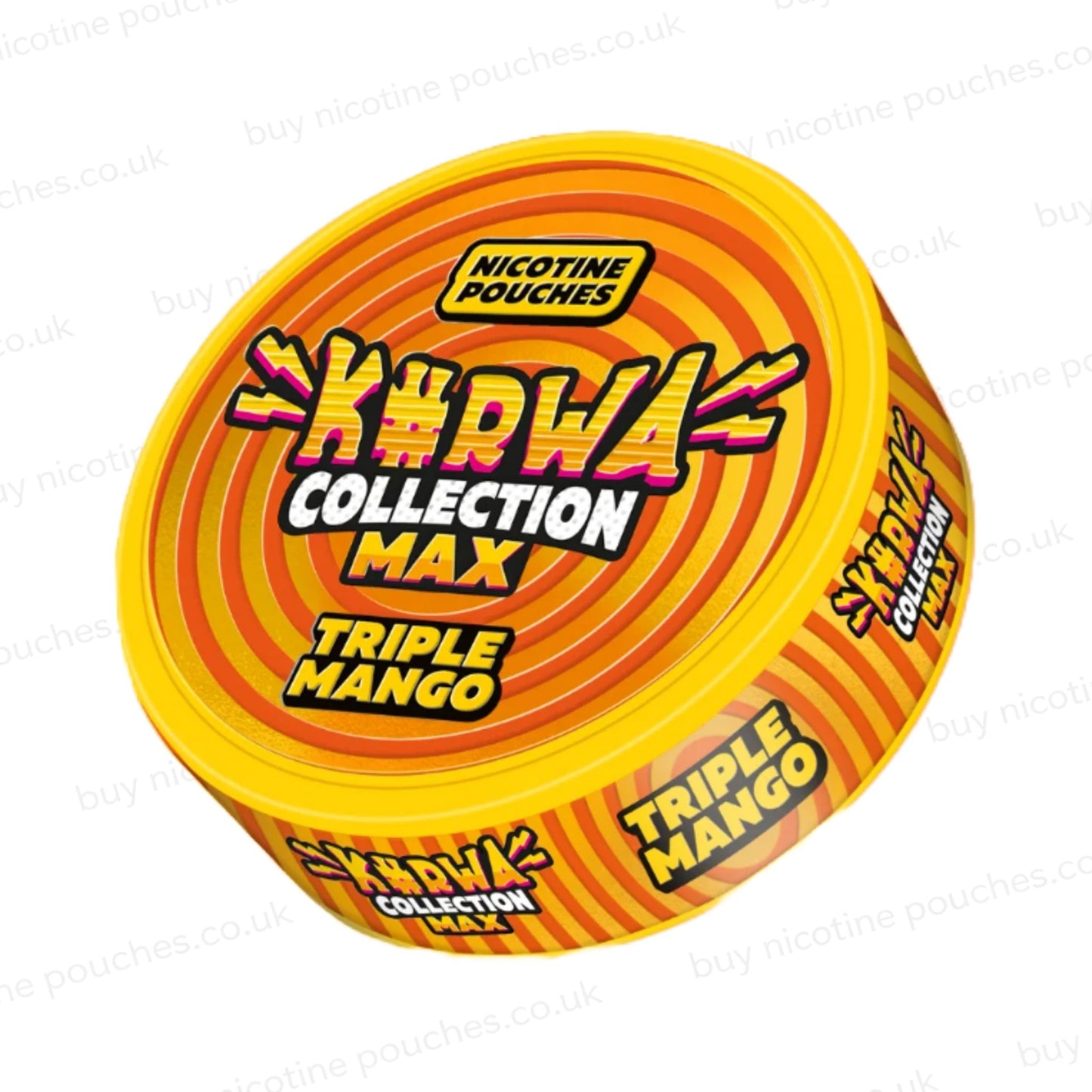 Angled shot of a nicotine pouch container with Kurwa Collection Max Triple Mango branding on a white background.