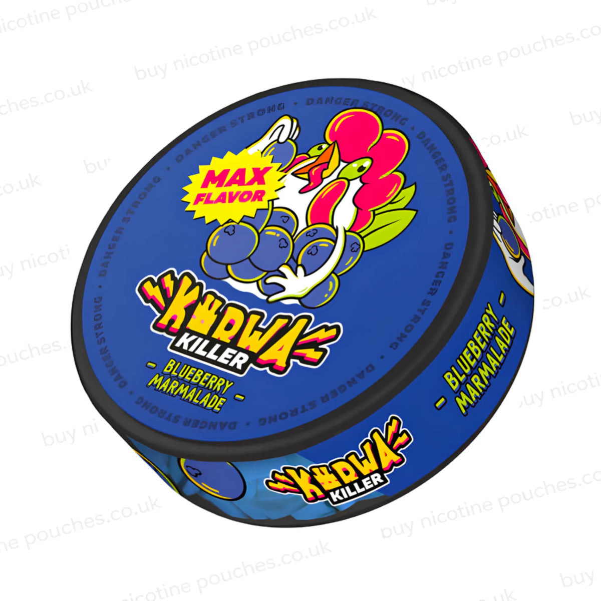 Angled shot of a nicotine pouch container featuring a cartoon chicken and blueberries on a blue background, with the text 'K#RWA KILLER' and 'BLUEBERRY MARMALADE' plus 'MAX FLAVOR'.