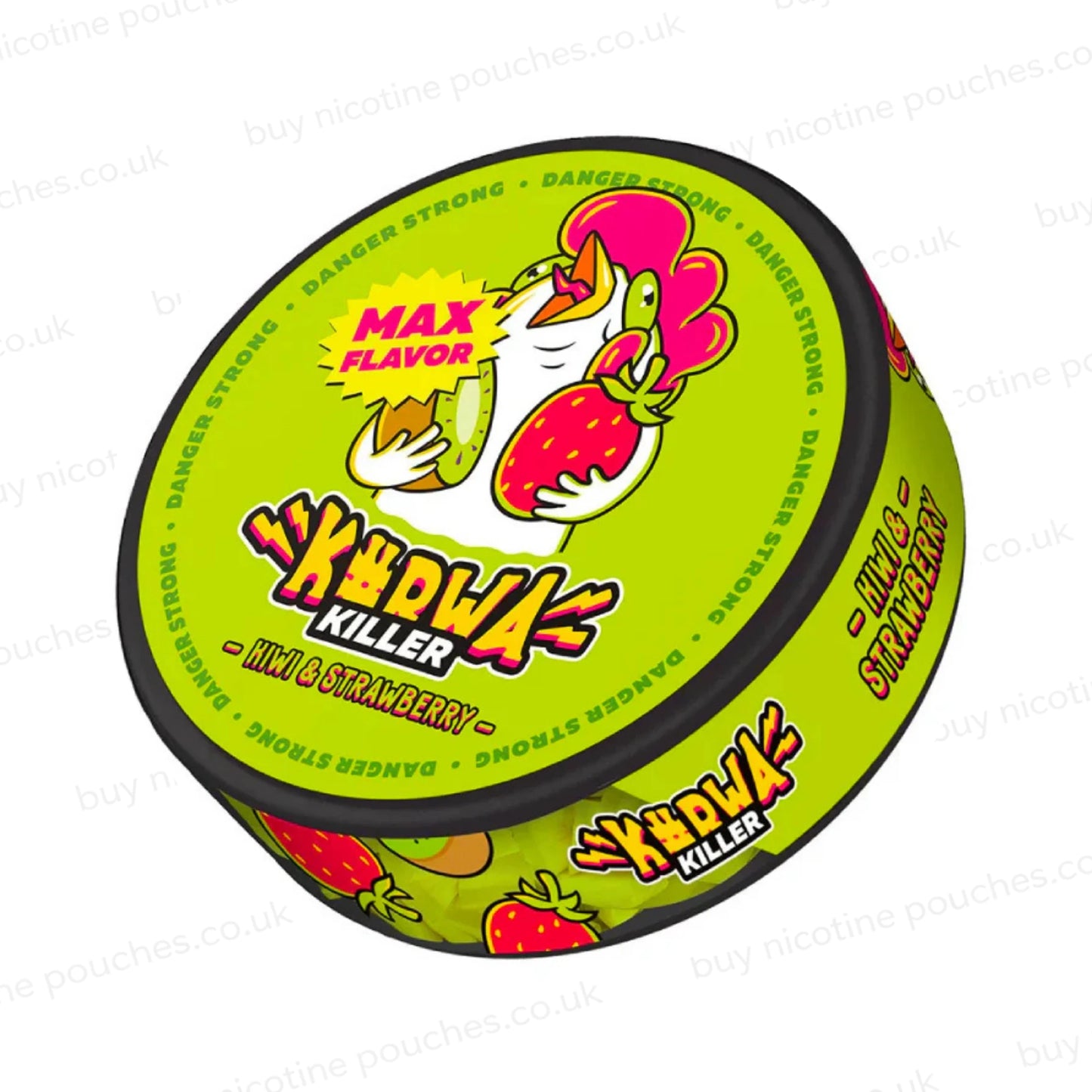 Angled shot of a nicotine pouch container with green K#RWA KILLER Kiwi & Strawberry branding on a white background.