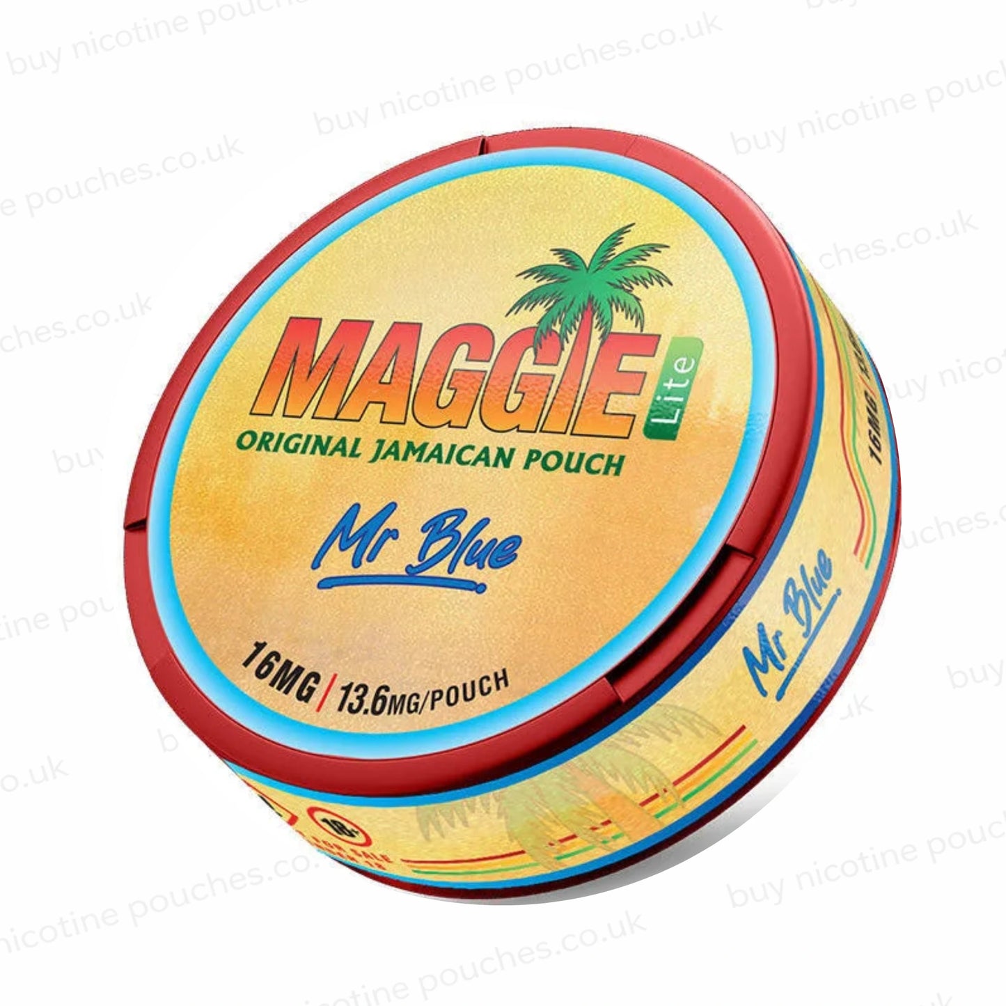 Nicotine pouch tub with 'MAGGIE Lite Mr Blue 16mg' branding on a white background.