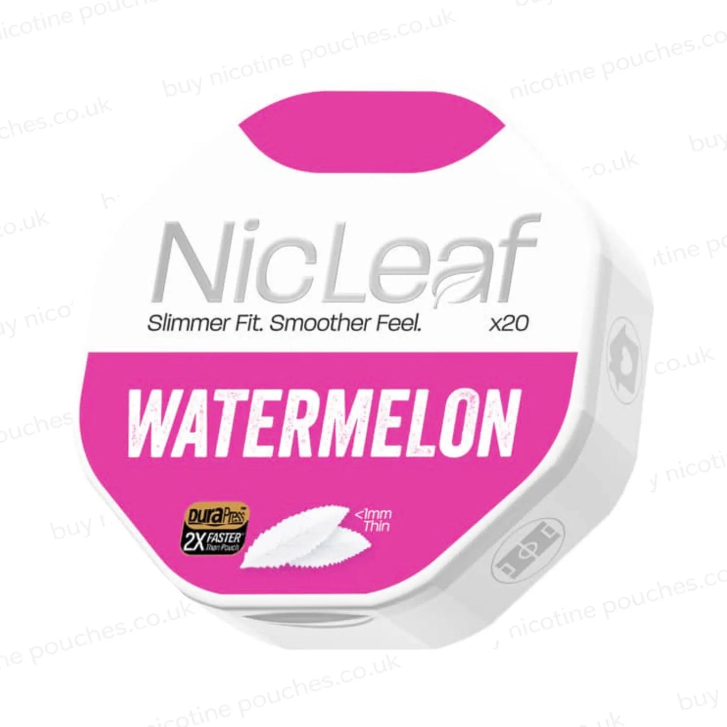 Angled shot of a nicotine pouch container with NicLeaf Watermelon branding on a white background.