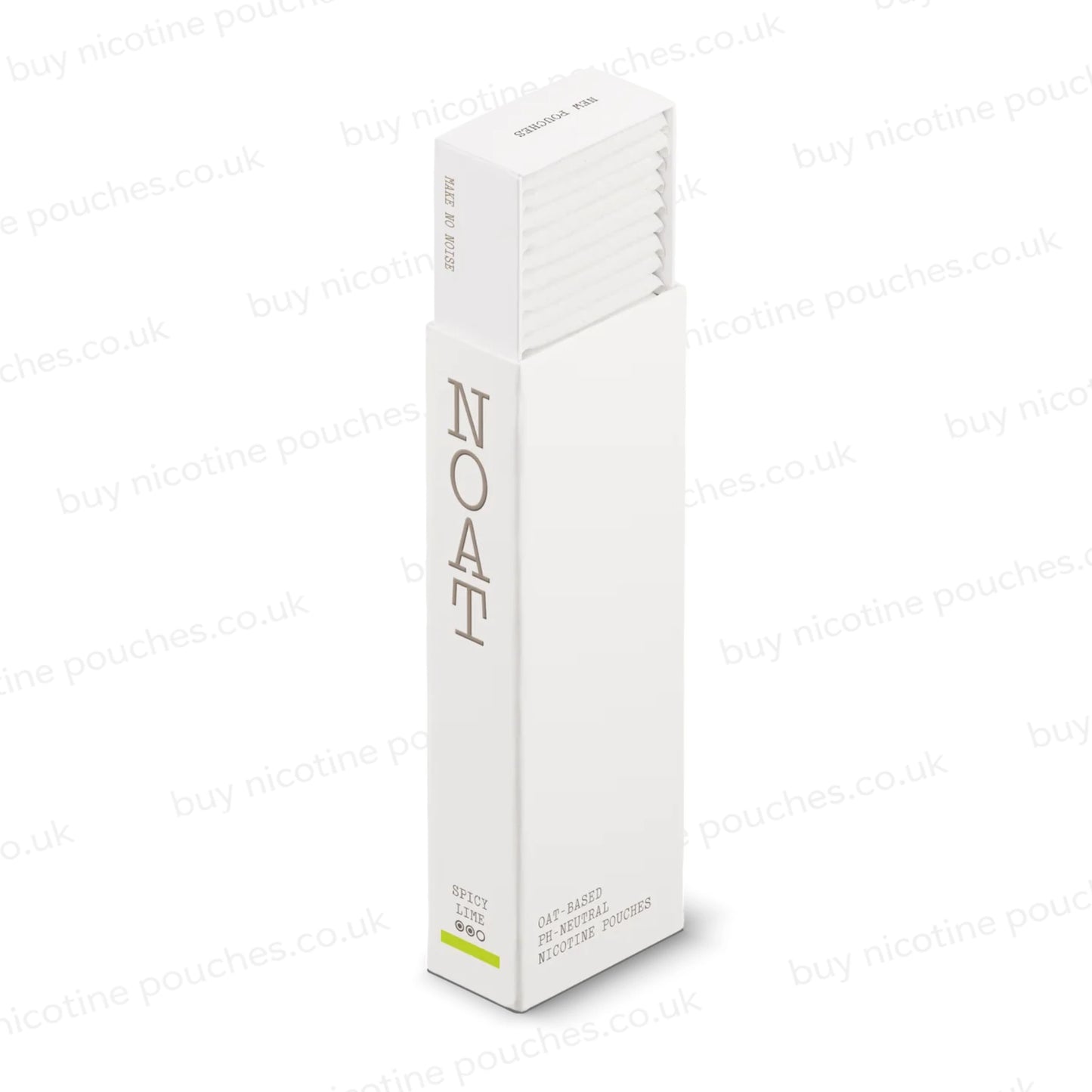 Angled shot of a white product box with 'NOAT Spicy Lime' branding on a white background