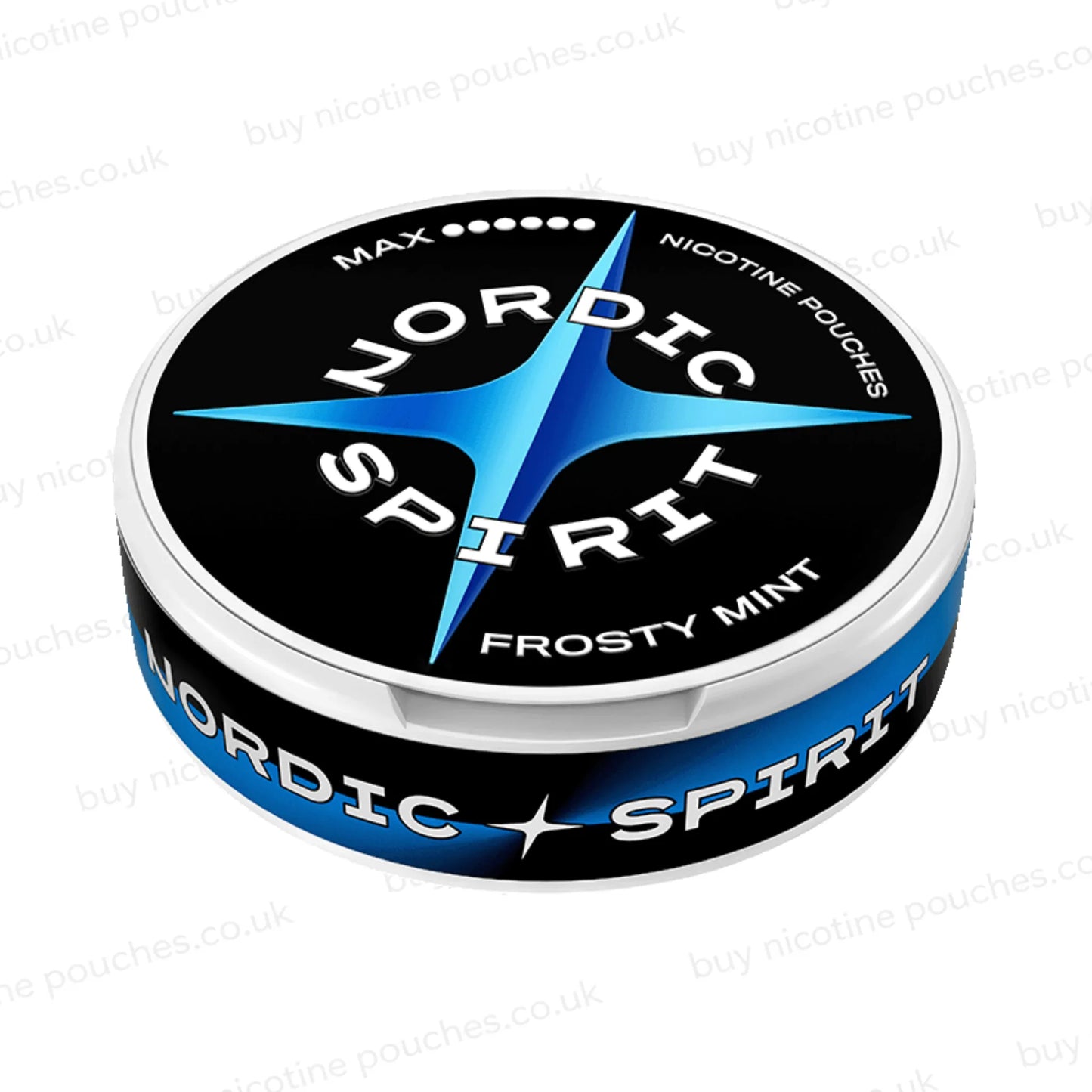 Angled shot of a nicotine pouch container with white and blue Nordic Spirit Frost Mint Max branding on a white background.