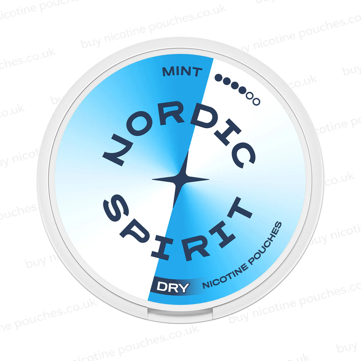 A round tin of Nordic Spirit Dry Nicotine Pouches in Mint flavor and 4-dot strength, featuring a white and light blue gradient design