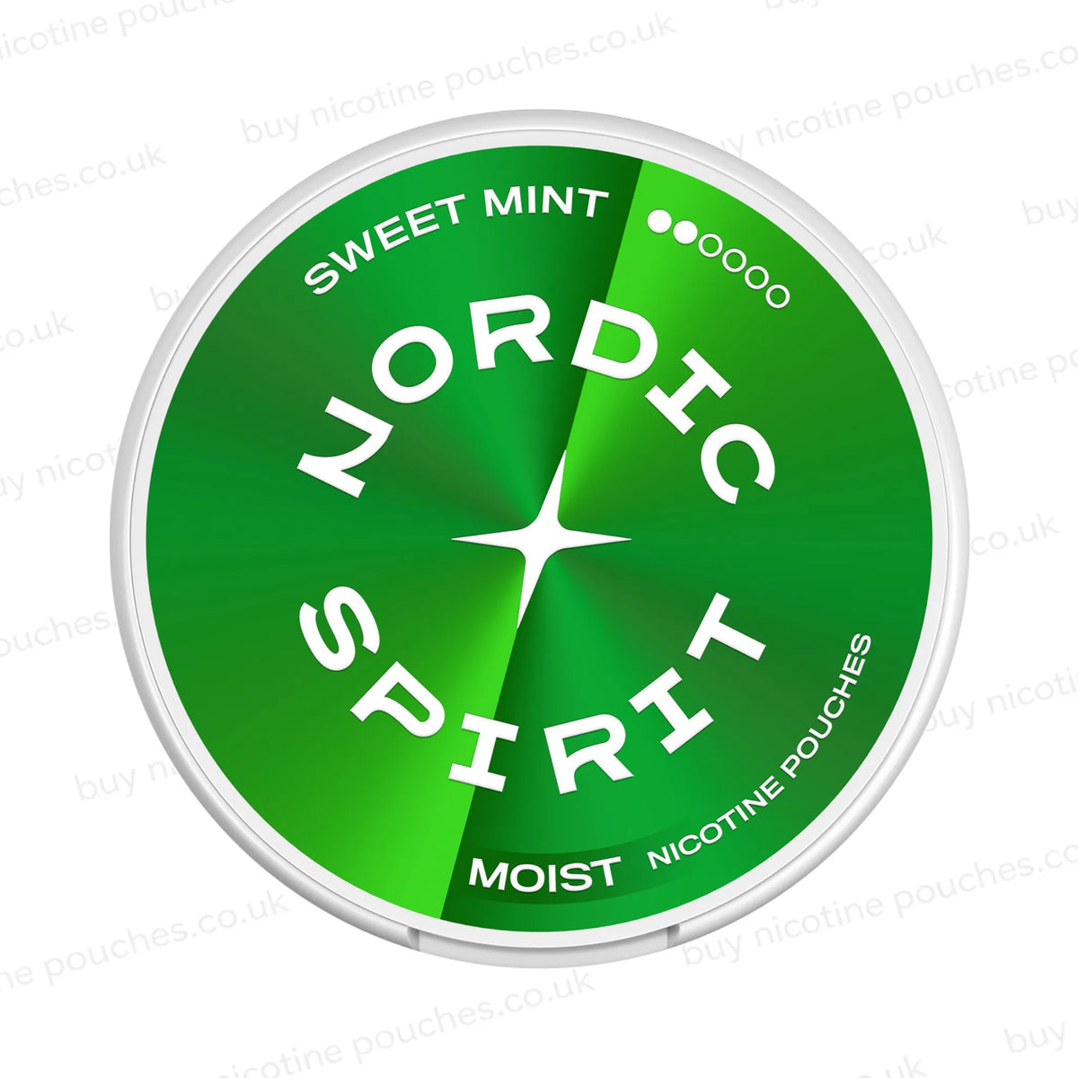 Round nicotine pouch can with green Nordic Spirit Sweet Mint 2-dot branding on a white background.
