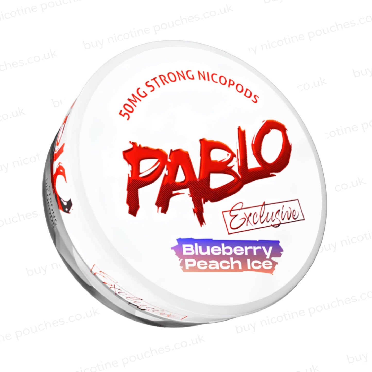 Angled shot of a nicotine pouch container with Pablo Blueberry Peach Ice branding on a white background.
